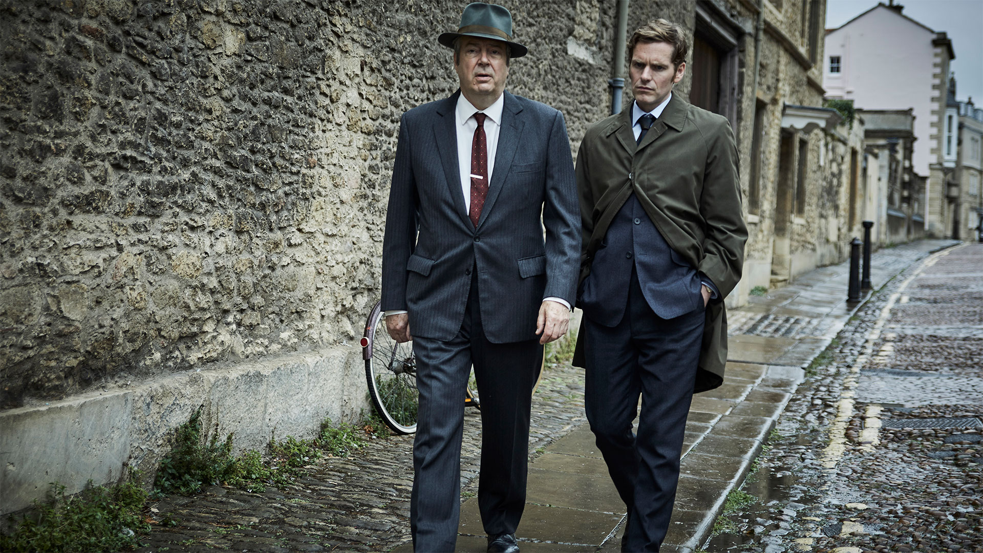 Shown from left to right: Roger Allam as Fred Thursday and Shaun Evans as Endeavour Morse