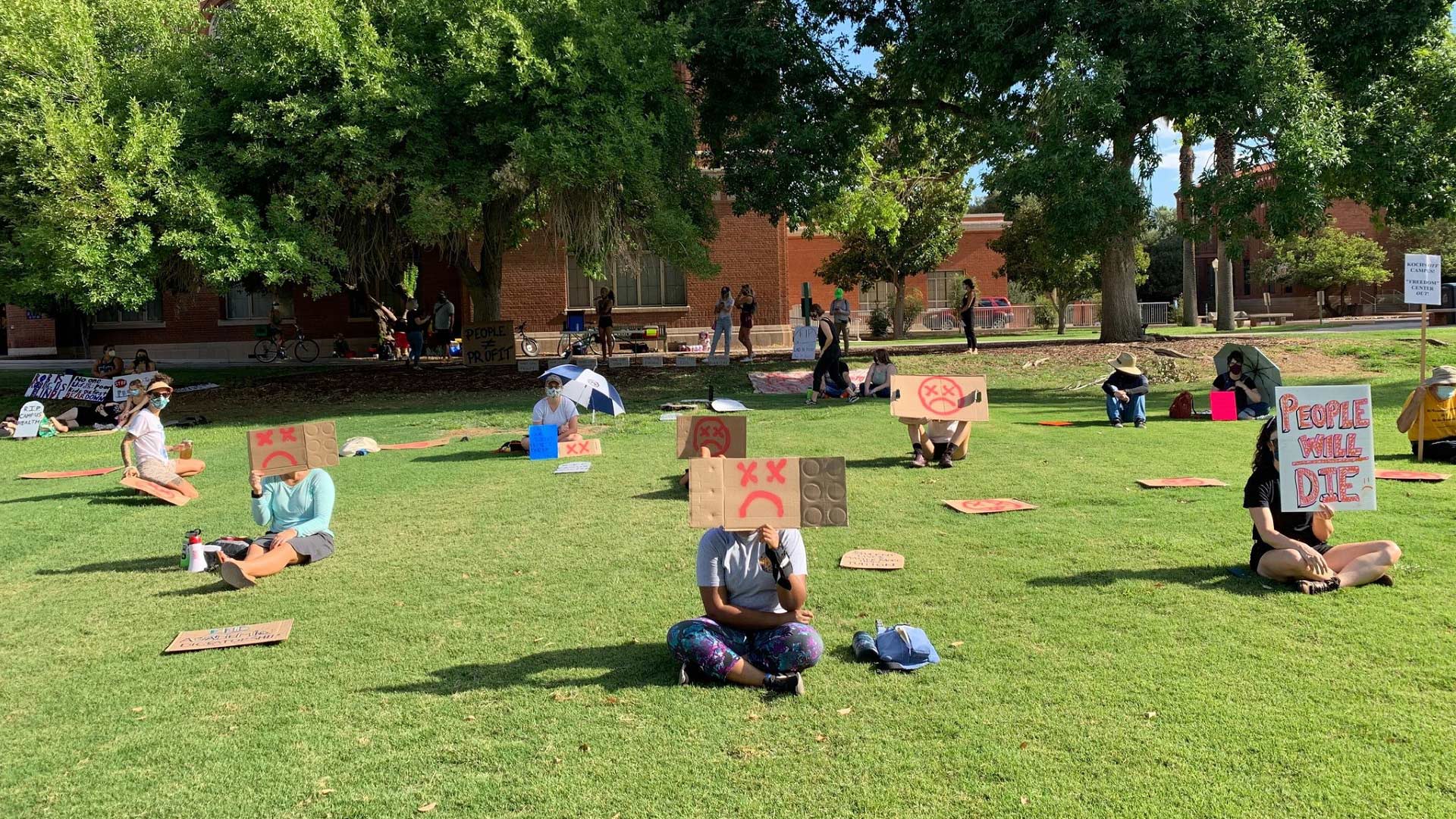 Students and instructors stage a "die-in" against The University of Arizona's COVID-19 re-entry policy, August 14, 2020.