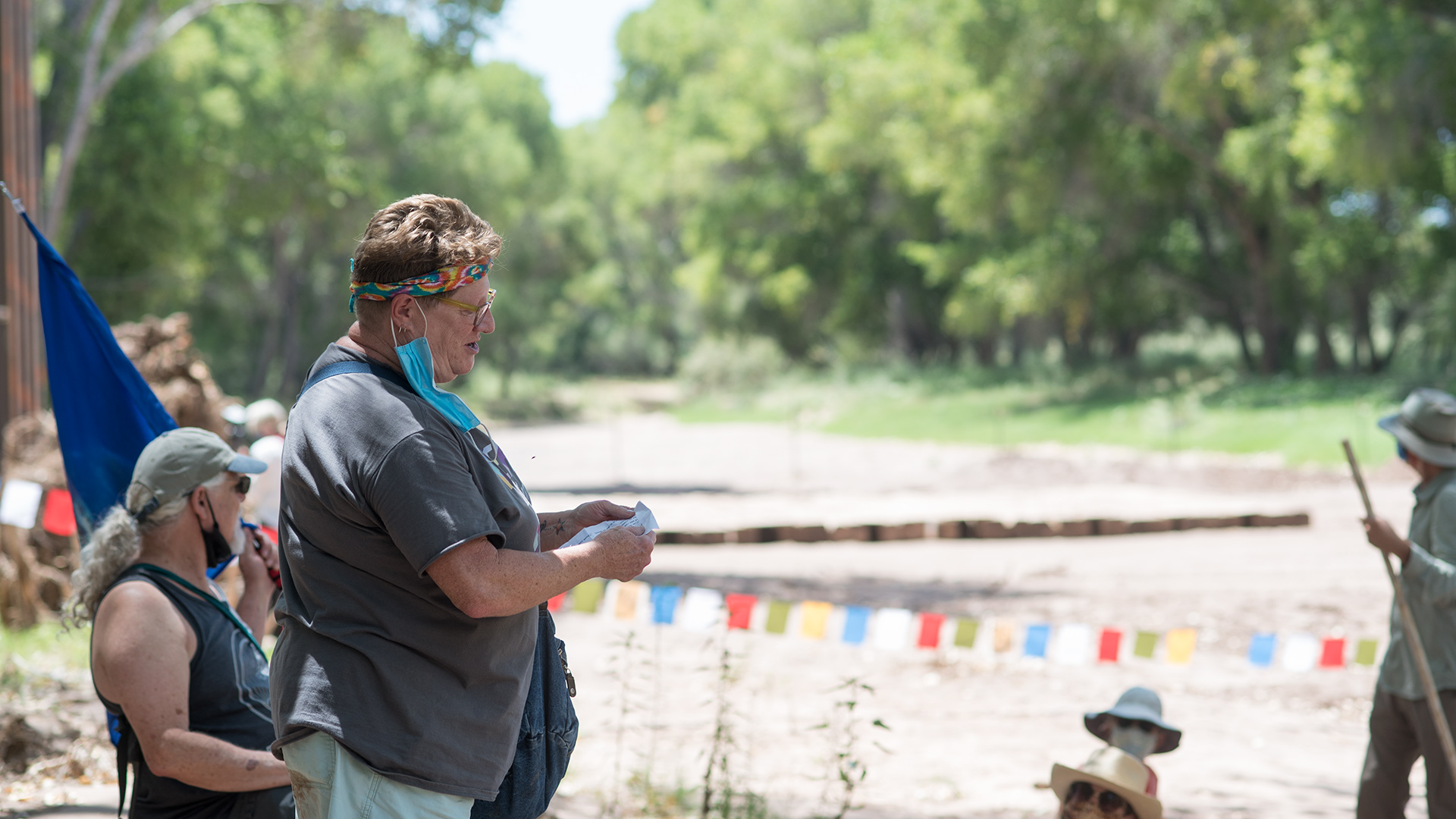 Kim Beach-Moschetti, an area resident and Arizona House of Representatives candidate, speaks at a border wall protest at the San Pedro River on Aug. 14, 2020. 