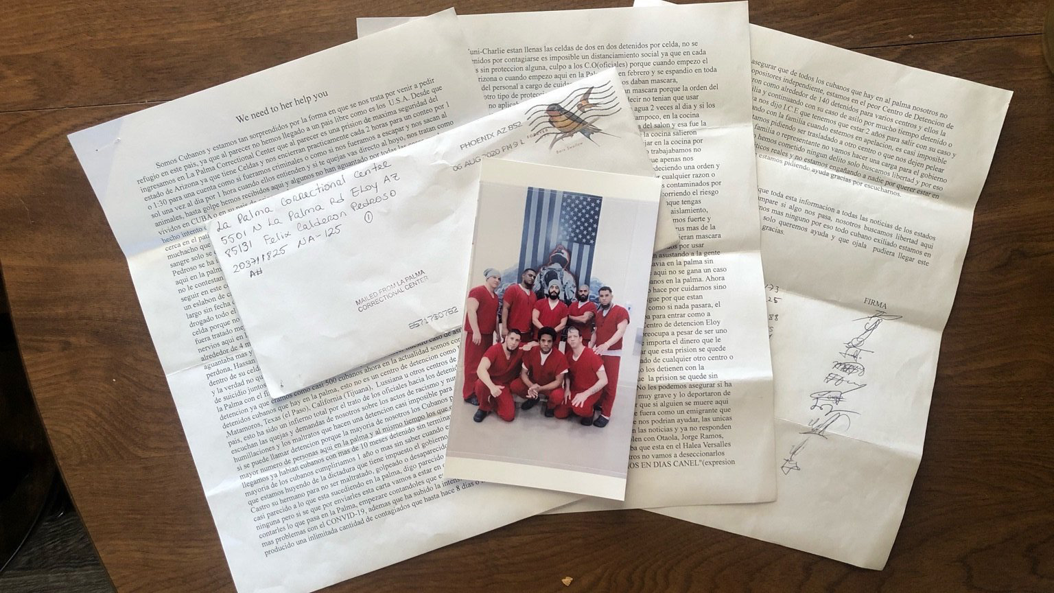 An image of the group of Cuban asylum seekers and the letter they sent from the La Palma Correctional Center in Eloy.