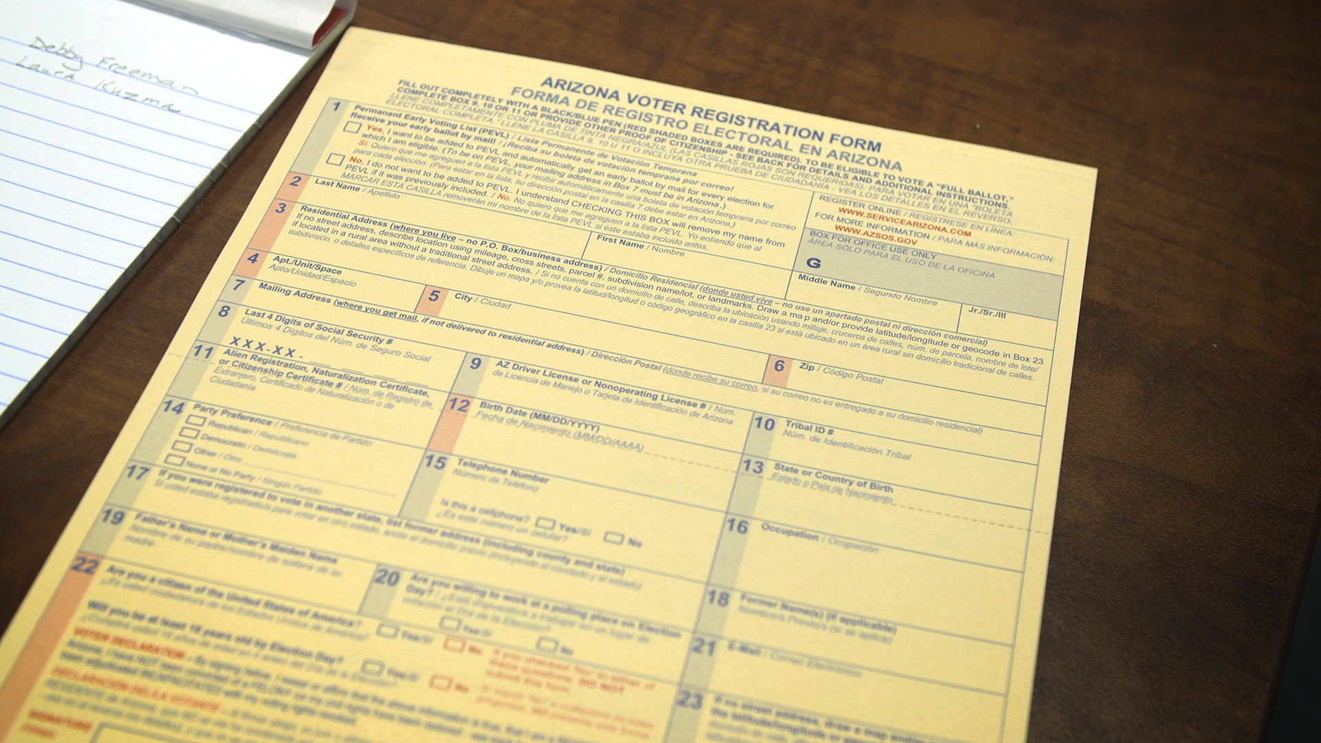 File image of a voter registration form for Arizona. 