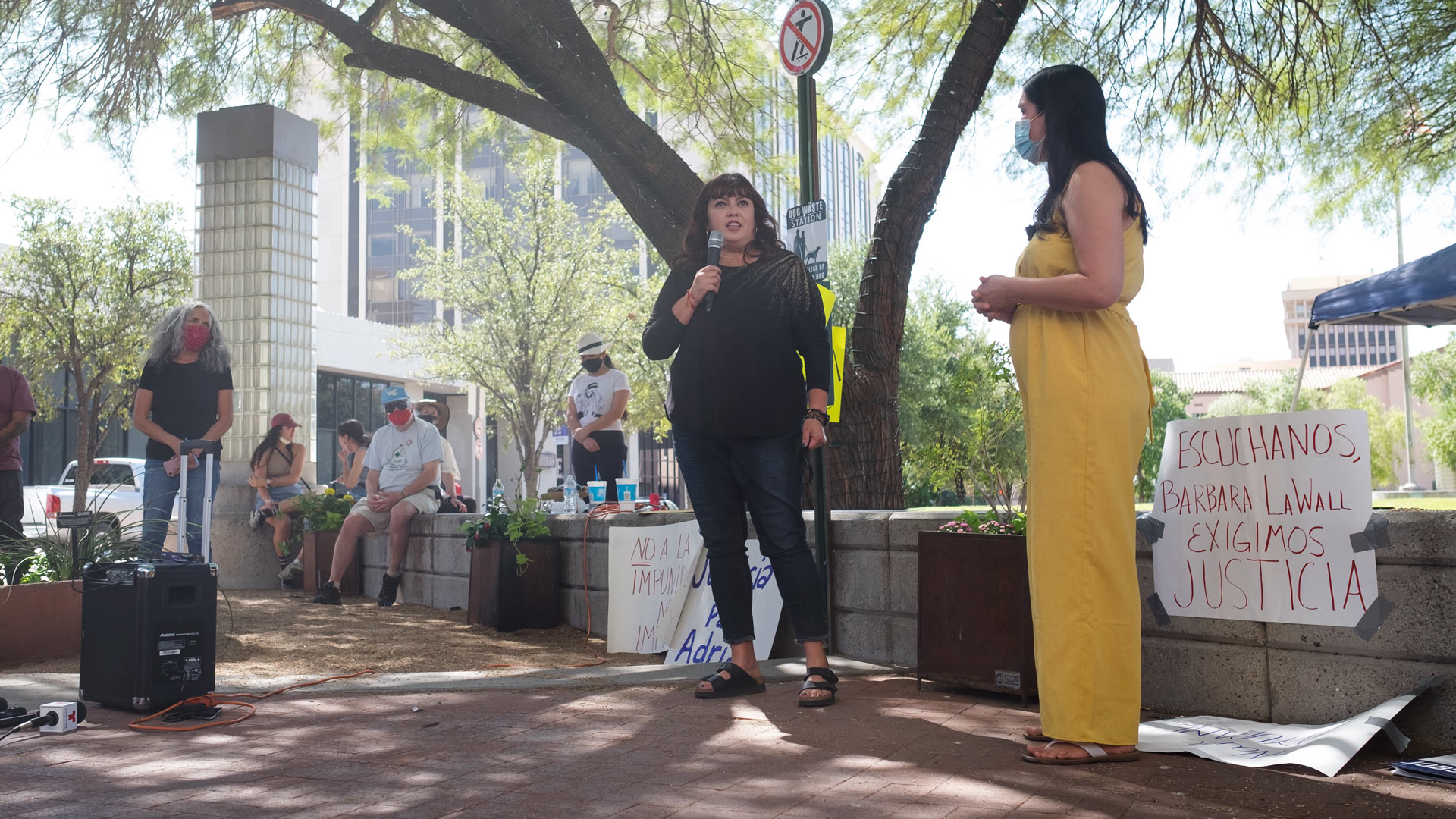 Diana Chuffe speaks to a crowd of protesters and journalists about her nephew Carlos Adrian Ingram-Lopez's April death in Tucson police custody on Sept. 24, 2020. 