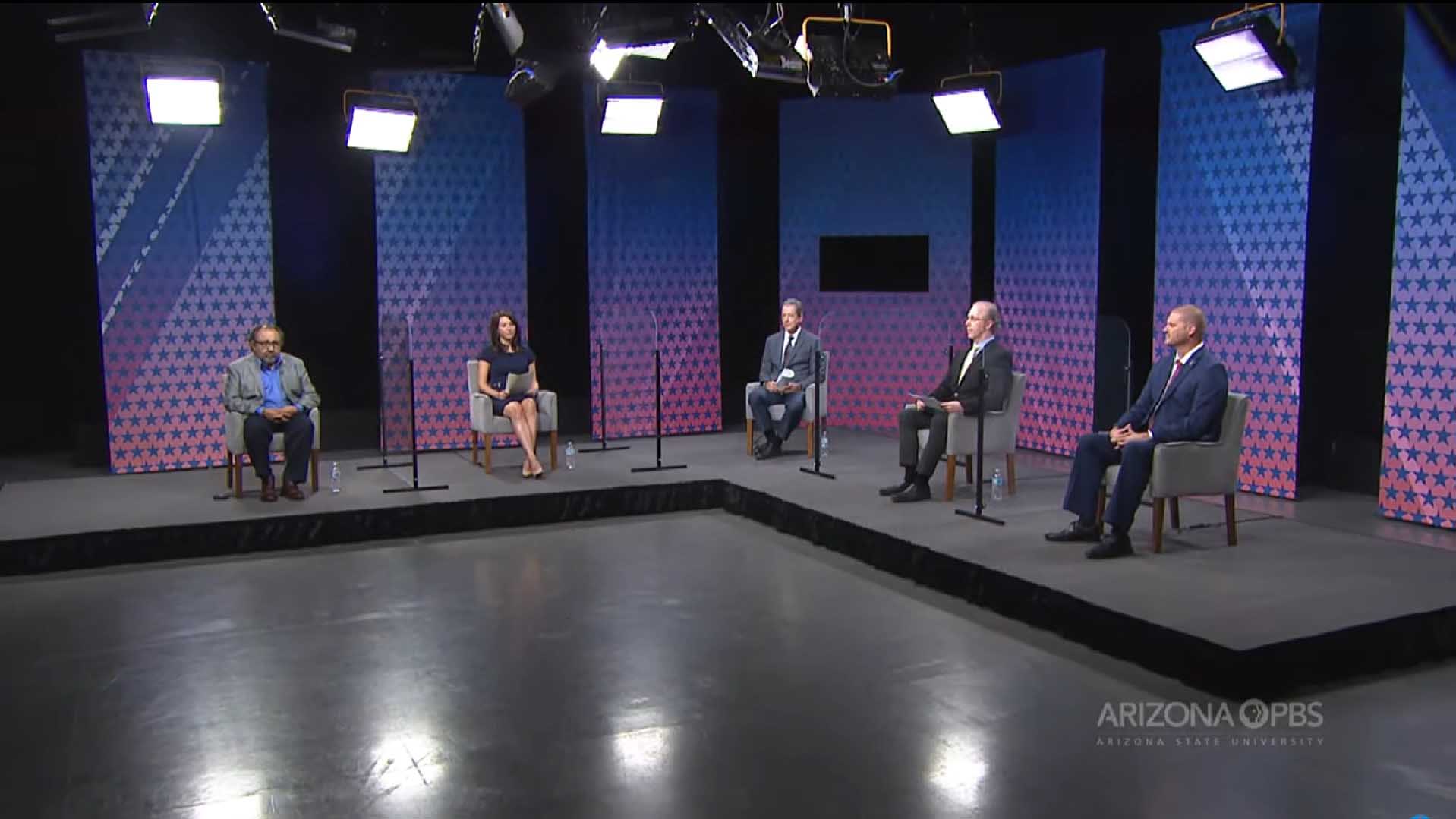 Raúl Grijalva (far left) and Daniel Wood (far right) debate in the Arizona PBS studio on September 28, 2020.