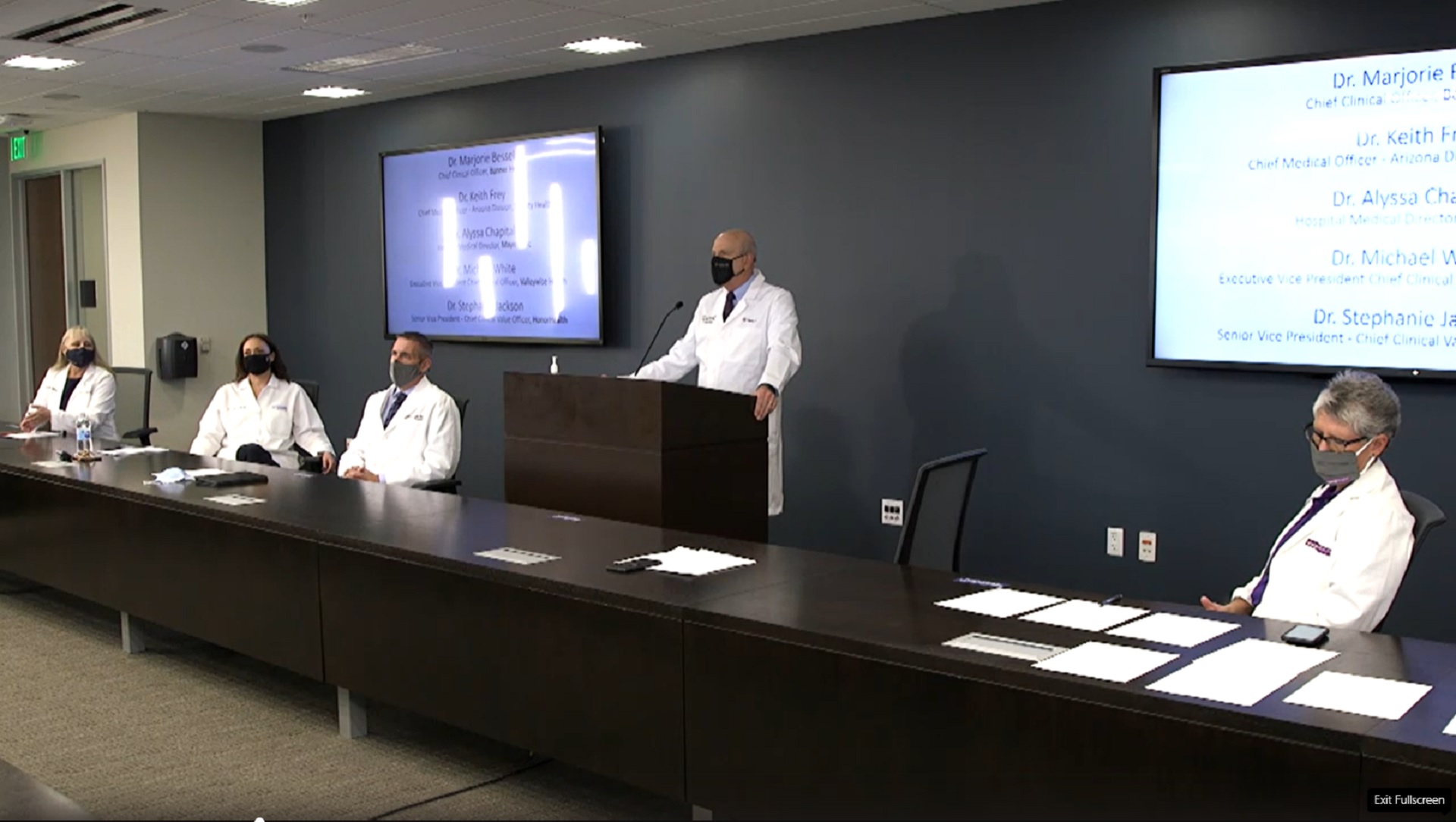 Clinical officials of five Arizona Health care organizations conduct a virtual news conference on the state of the COVID-19 pandemic January 13, 2021 in Phoenix. Pictured are (left to right) Dr. Marjorie Bessel, Chief Clinical Officer, Banner Health; Dr. Alyssa Chapital, Hospital Medical Director, Mayo Clinic; Dr. Michael White, Executive Vice President, Chief Clinical Officer, Valleywise Health; Dr. Keith Frey, Chief Medical Officer - Arizona Division, Dignity Health; and Dr. Stephanie Jackson, Senior Vice President, Chief Clinical Value Officer, HonorHealth.