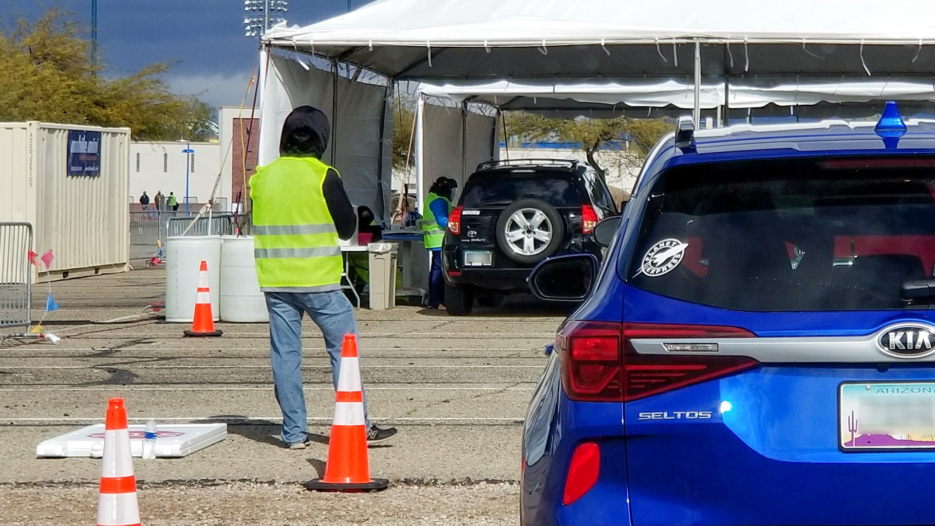 COVID-19 vaccinations are administered in a drive-up facility at Banner South. From January 25, 2021.