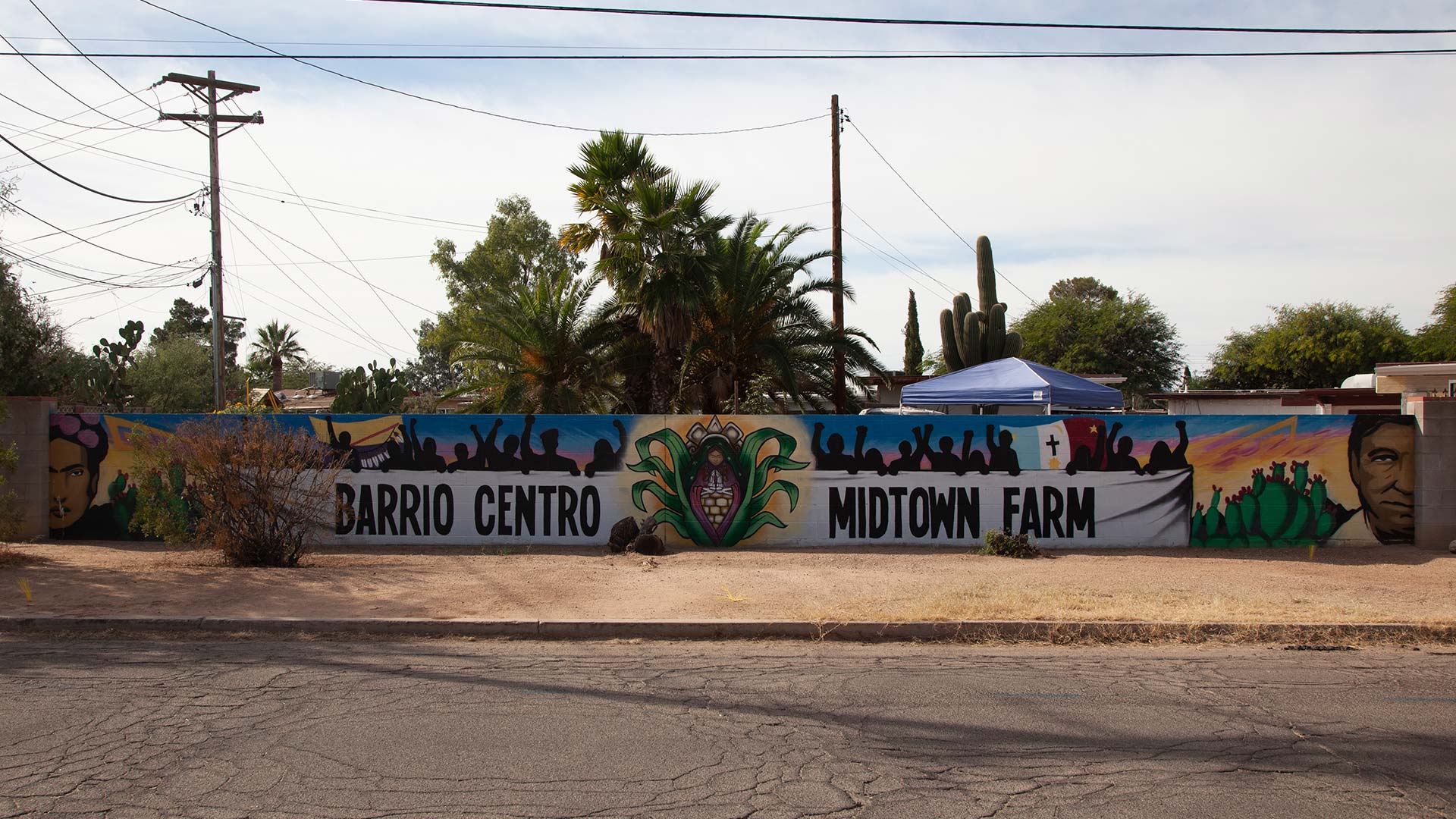 Flowers and Bullets is a grassroots movement that uses art and food to talk about larger issues, like gentrification or pollution, affecting Barrio Centro. This mural welcomes people visiting their Midtown Farm housed at the former Julia Keen Elementary School.