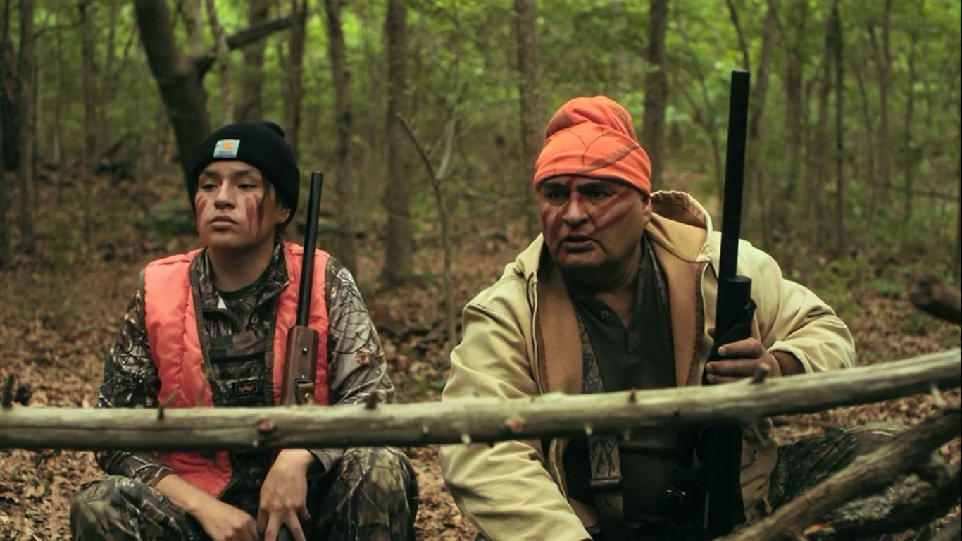 Paulina Alexis as Willie Jack, here deer hunting with her father Leon, played by Jon Proudstar in the 2021 FX series "Reservation Dogs".