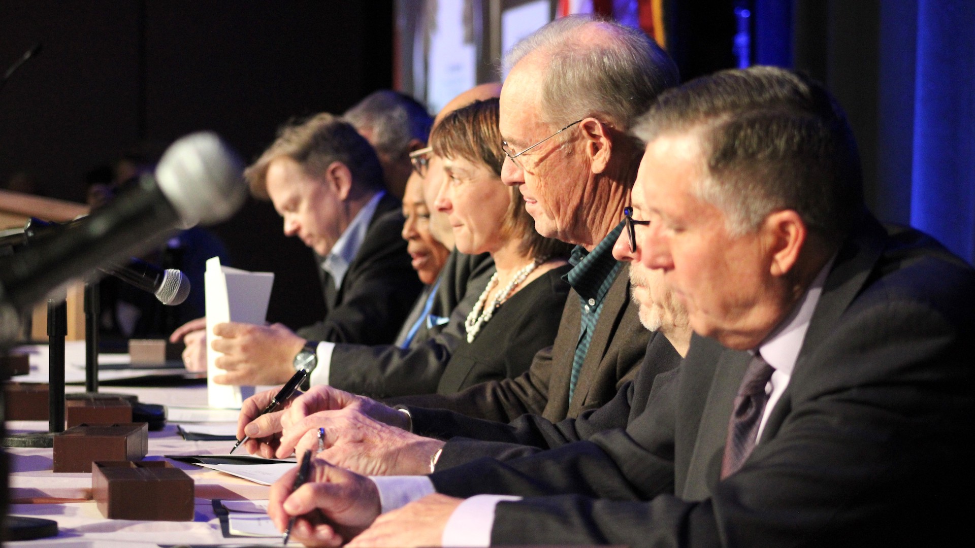 Representatives from lower Colorado River basin states, the federal government and tribes sign the new 500+ plan. The deal, formalized at the Colorado River Water Users Association conference in Las Vegas, allocates millions of dollars to help put water back into Lake Mead.