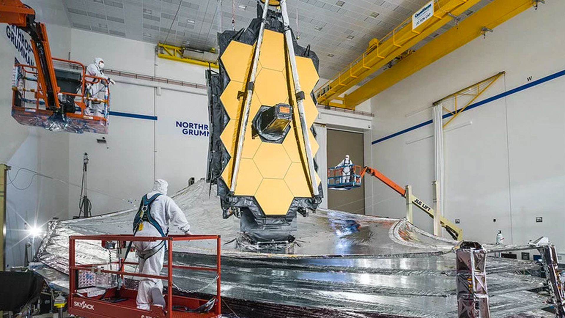 The telescope, shown during checkout tests in December 2020, before it was carefully packed up and sent to the launch site in French Guiana.