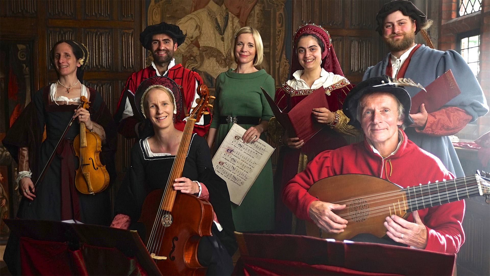 Lucy Worsley (center) with musicians at Ingatestone Hall.