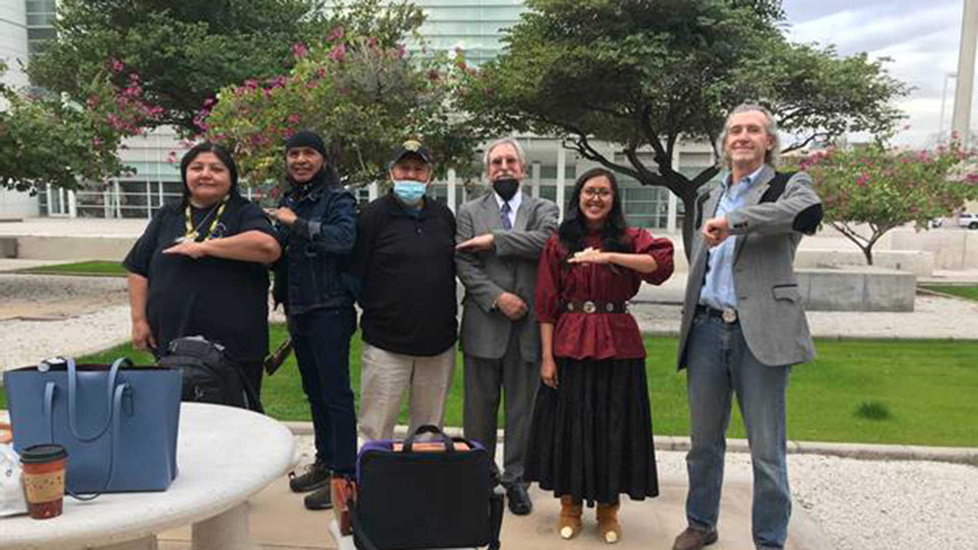 Members of Apache Stronghold, its legal team, and witness' in the case pose before the hearing for the preliminary injunction in Apache Stronghold v. United States of America Feb. 3, 2020.