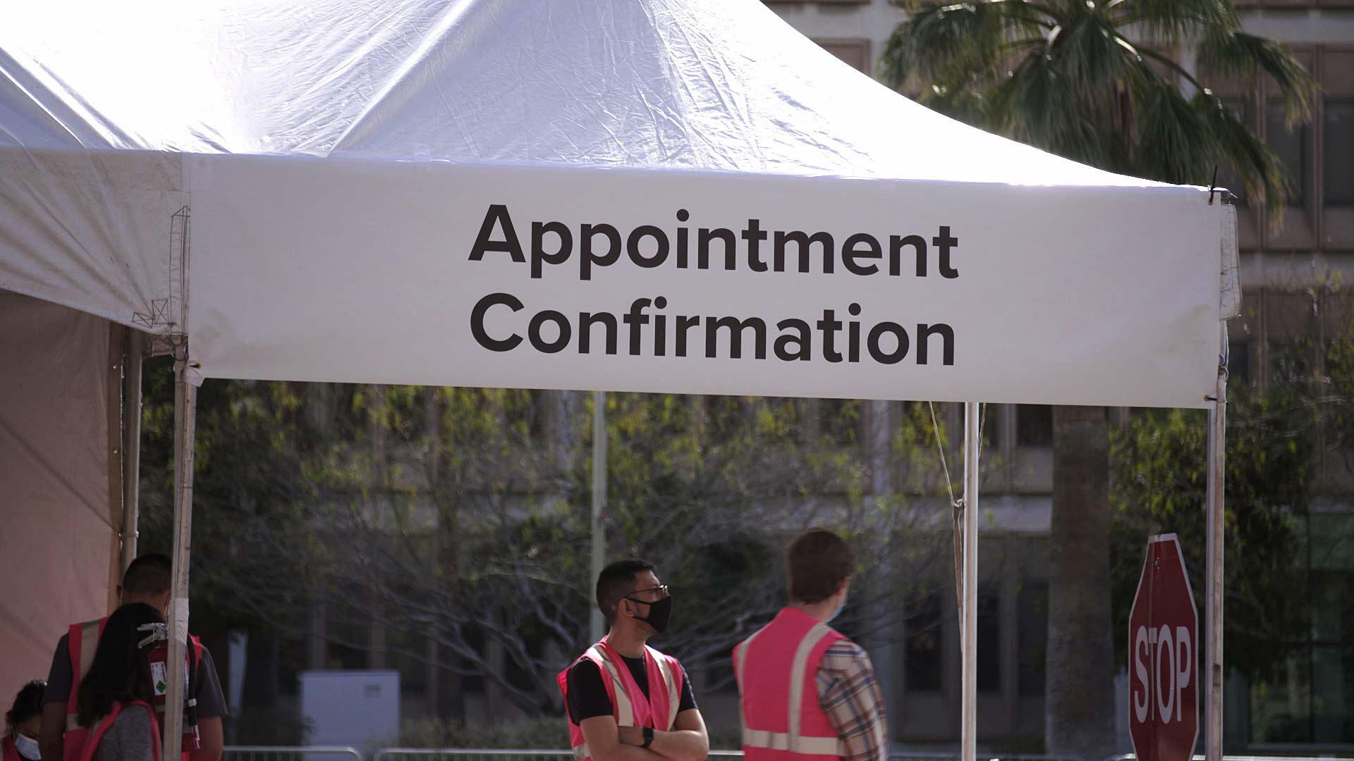 A tent at the University of Arizona where people can confirm their COVID-19 vaccine appointment. January 2021.