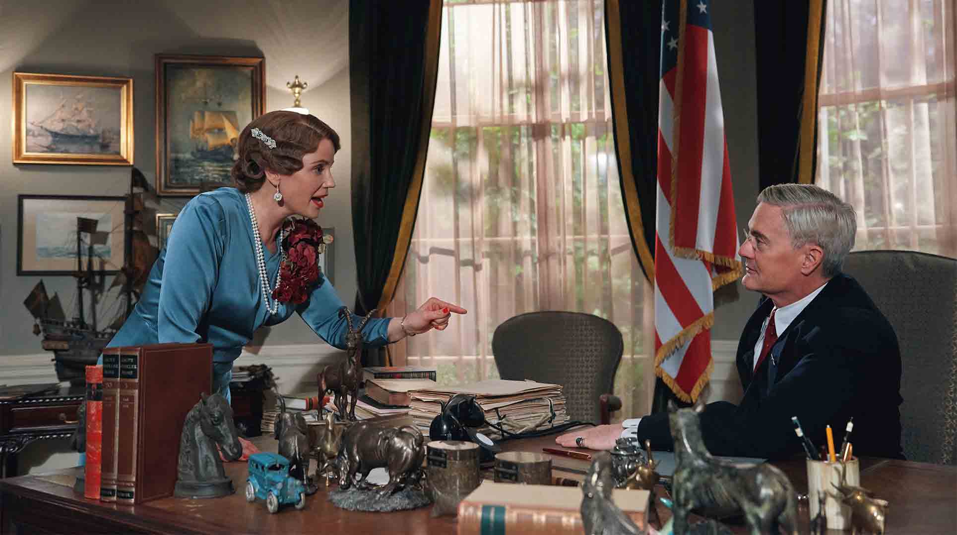 Shown from left to right: Sofia Helin as Crown Princess Martha and Kyle MacLachlan as President Franklin D. Roosevelt