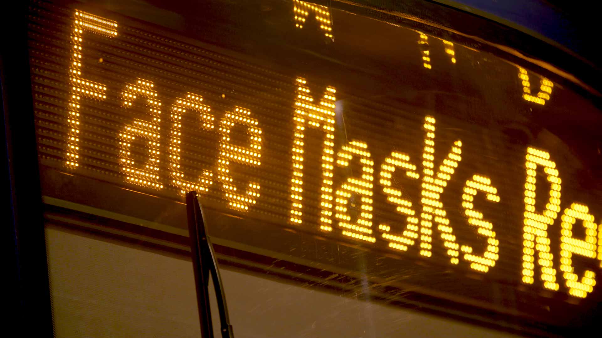 The digital marquee on a Sun Link streetcar lets potential riders know that masks are required on board. November 2020. 