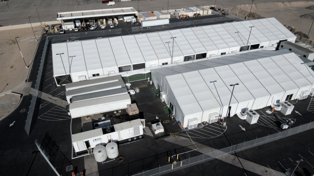 An aerial view of a U.S. Customs and Border Protection tent facility in Yuma, Ariz.