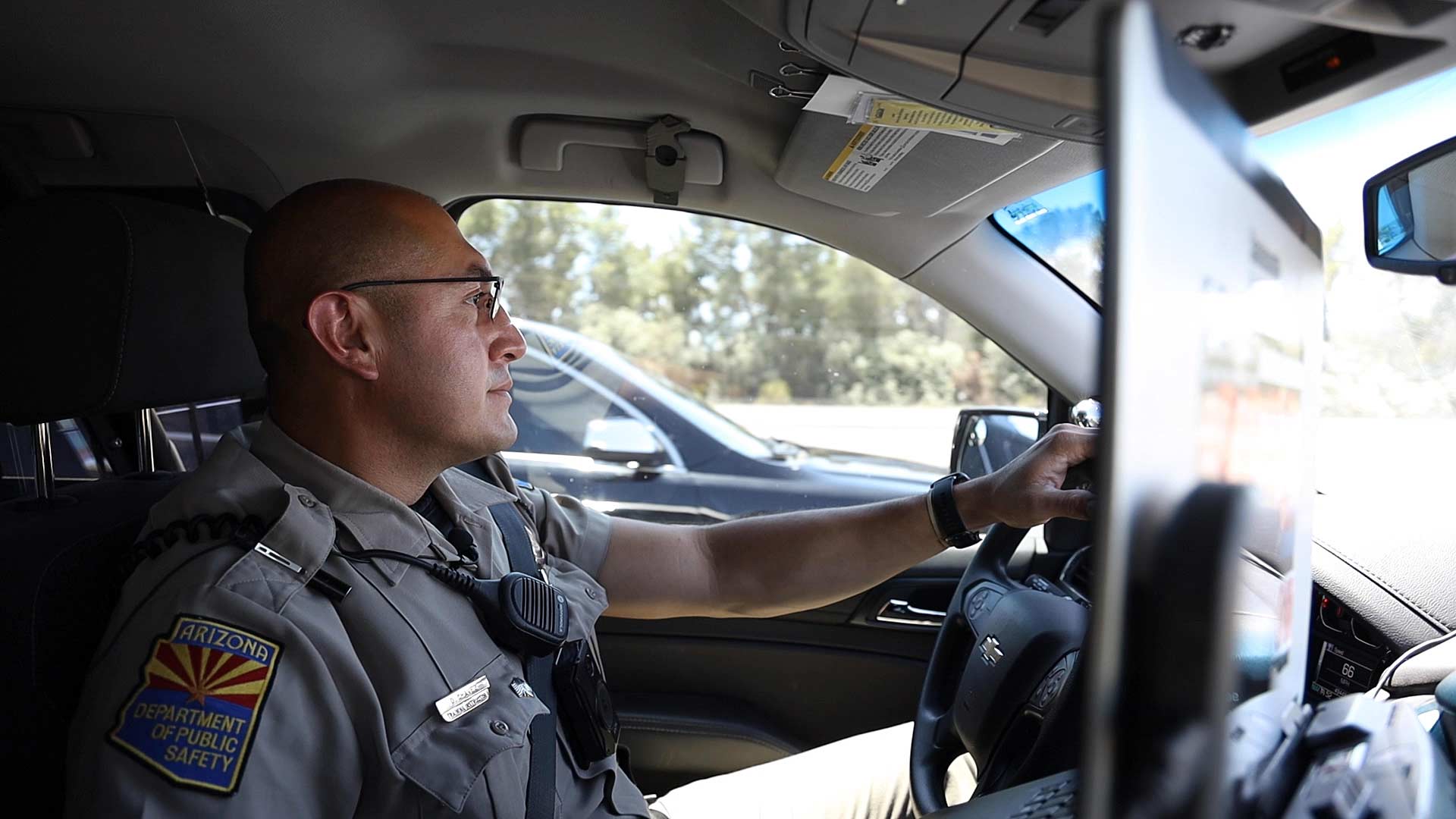 Arizona Department of Public Safety Trooper David Chavez on patrol in Pima County on May 10, 2021. 