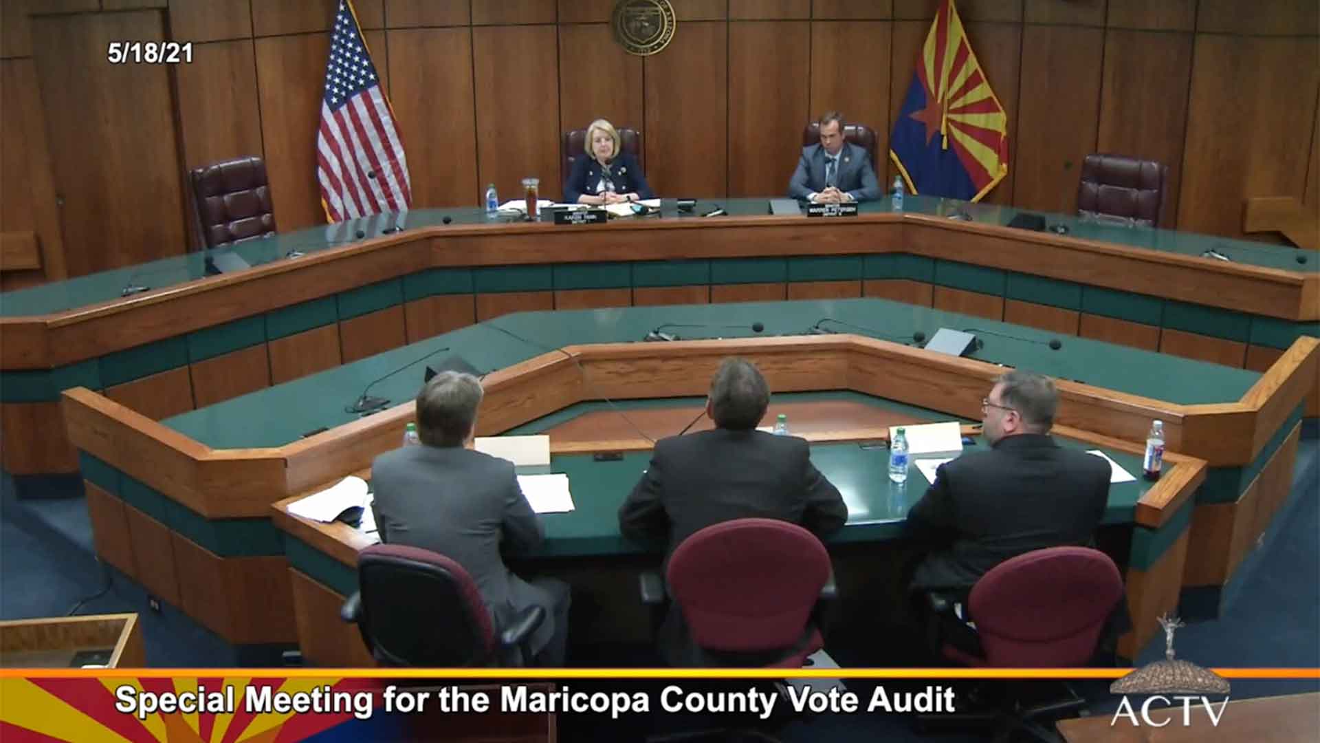 Sen. President Karen Fann and Sen. Warren Petersen, the chair of the Senate Judiciary Committee, meet with members of the team auditing the results of the Presidential election in Maricopa County. May 18, 2021