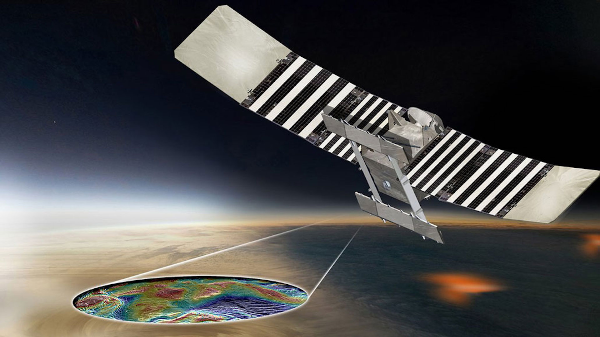 Illustration of proposed Veritas spacecraft measuring subsurface features of Venus.