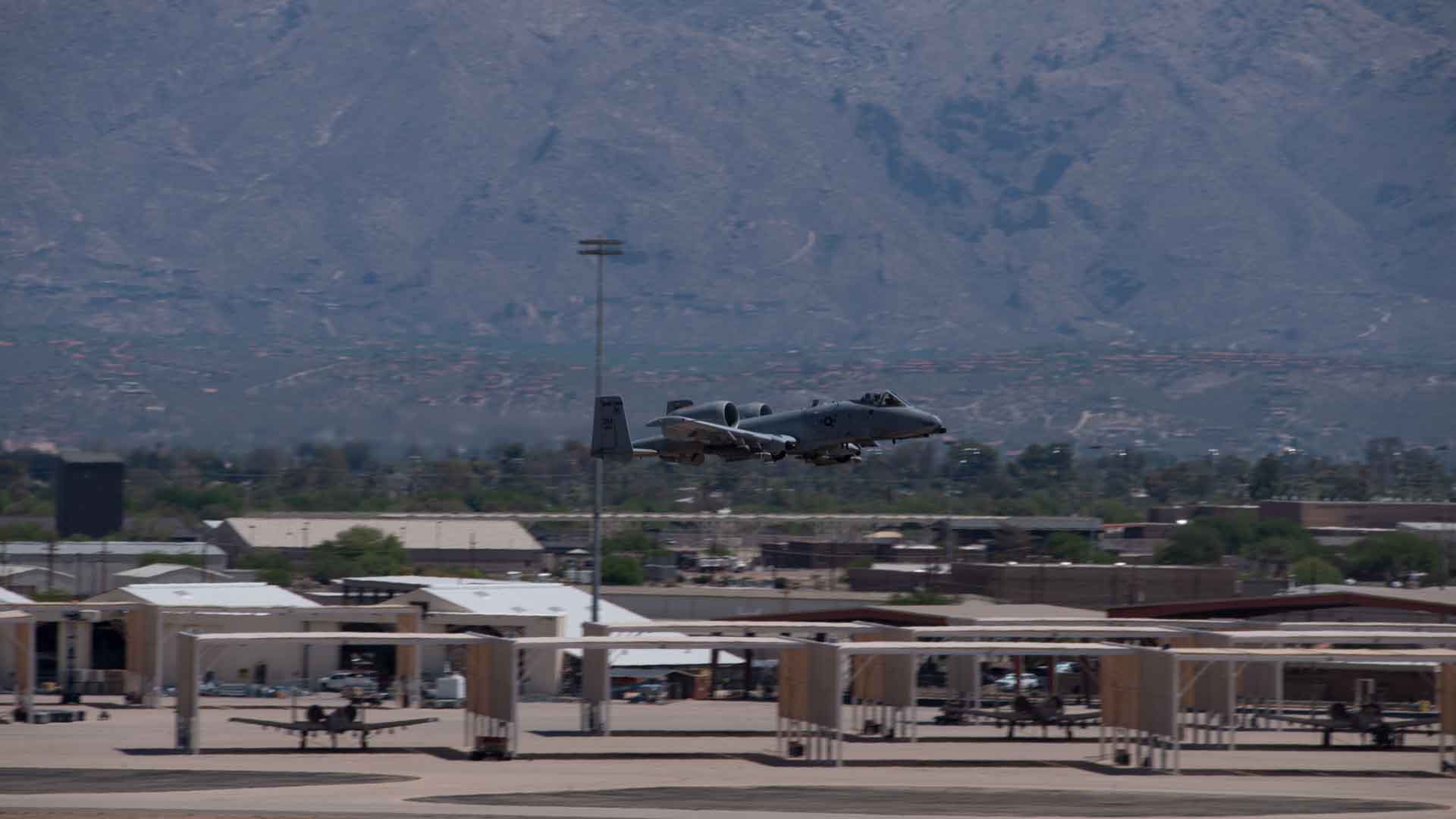 An A-10 makes a pass over the runway at Tucson's Davis-Monthan Air Force Base.  July 2021.