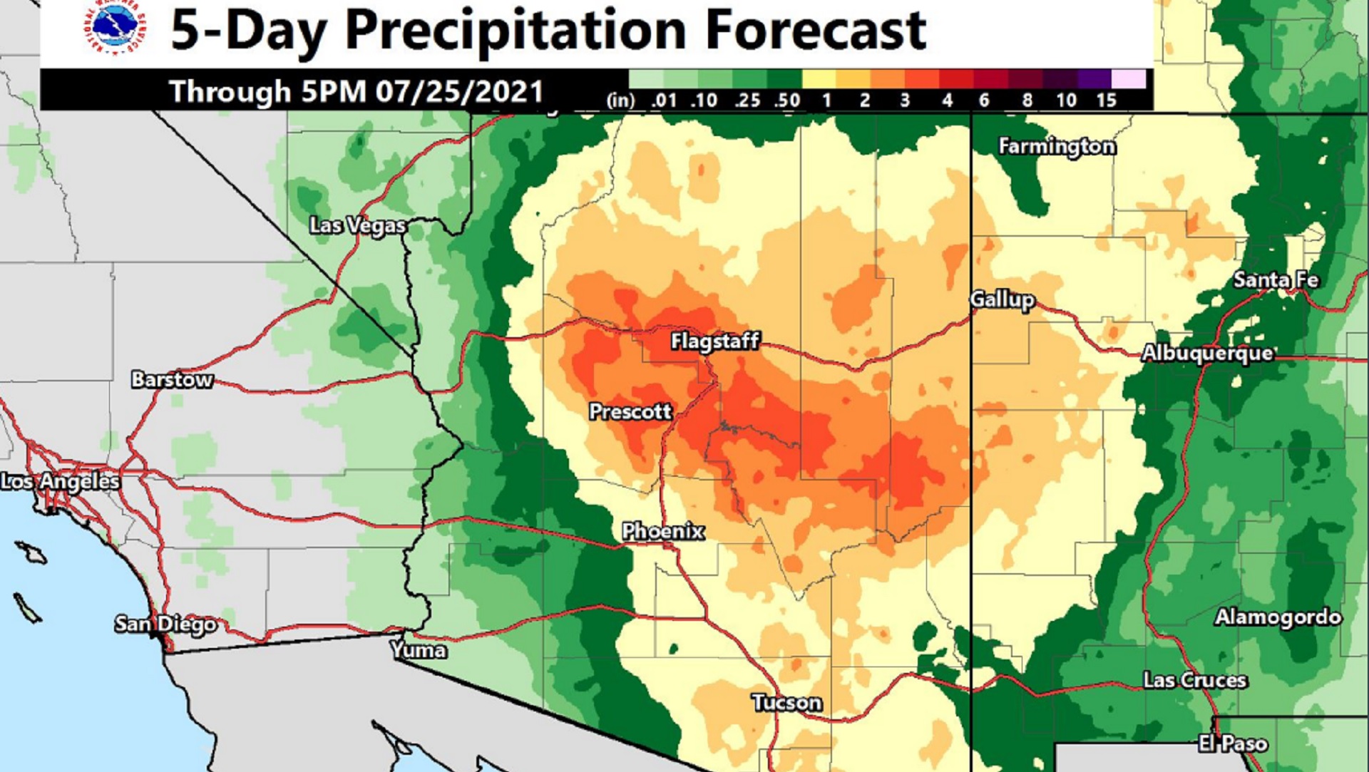 This five day precipitation forecast map released by the National Weather Service on July 21, 2021 shows that much of the state's midsection is expected to get at least one inch of rainfall, with some areas receiving up to three inches, by Saturday night.   Nearly all of the state is under a flash flood watch through 11:00 p.m. Saturday.