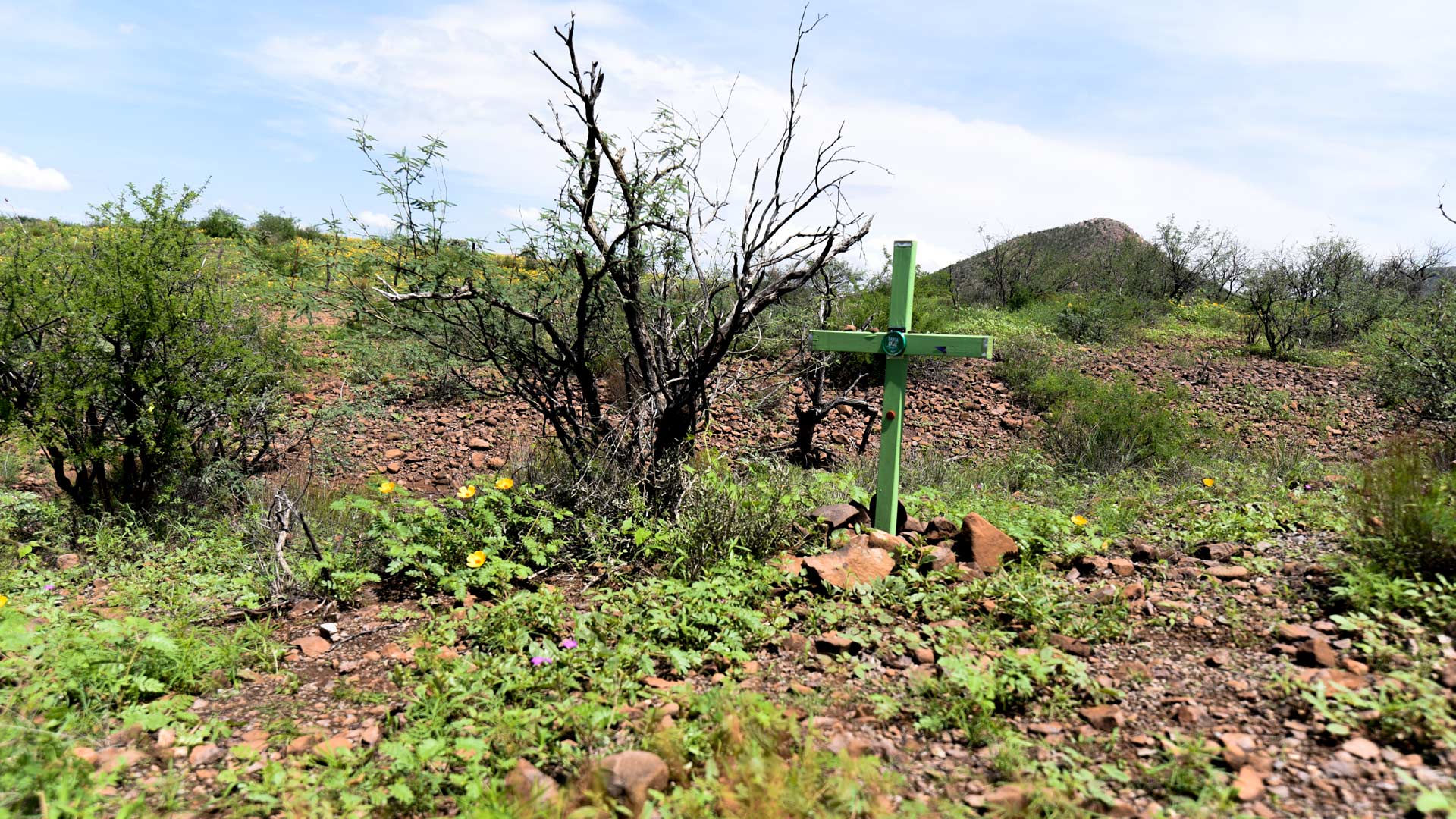 Since the year 2000, the Pima County Medical Examiner has received nearly 4,000 sets of human remains from people who died crossing the U.S.-Mexico border into Arizona. Here, a cross marking the place where a man in his 30s died in 2009 lays a few hundred yards from one of the water stations the nonprofit Humane Borders sets out for migrants crossing the desert. 