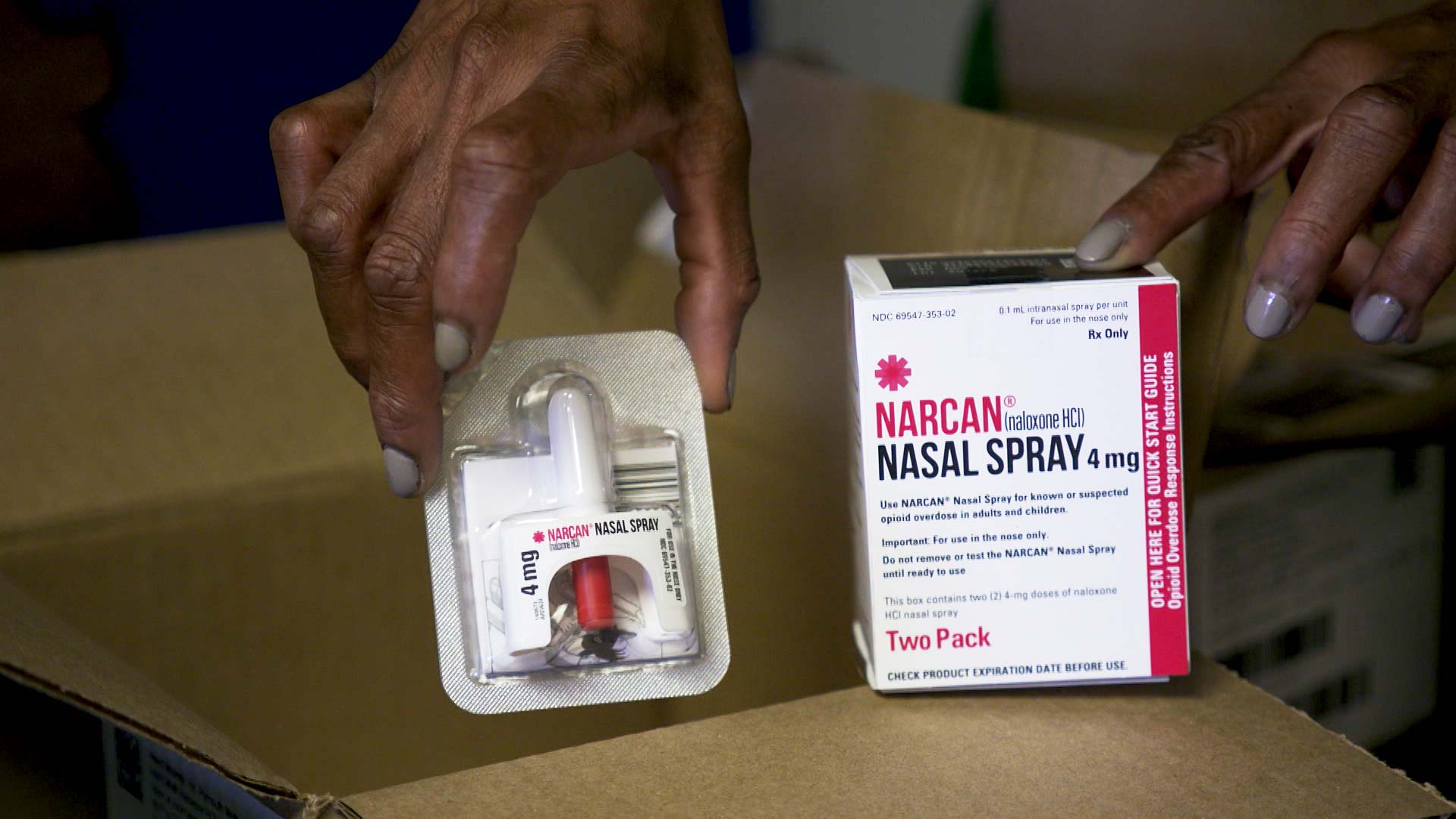 A package of Narcan Nasal Spray, a form of naloxone that can be used to reverse the effects of an opioid overdose. 