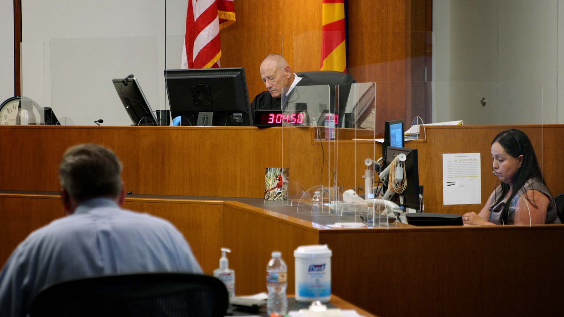 An eviction hearing takes place virtually in the courtroom of Judge Ronald Newman at the Pima County Consolidated Justice Court on Aug. 11, 2021. 