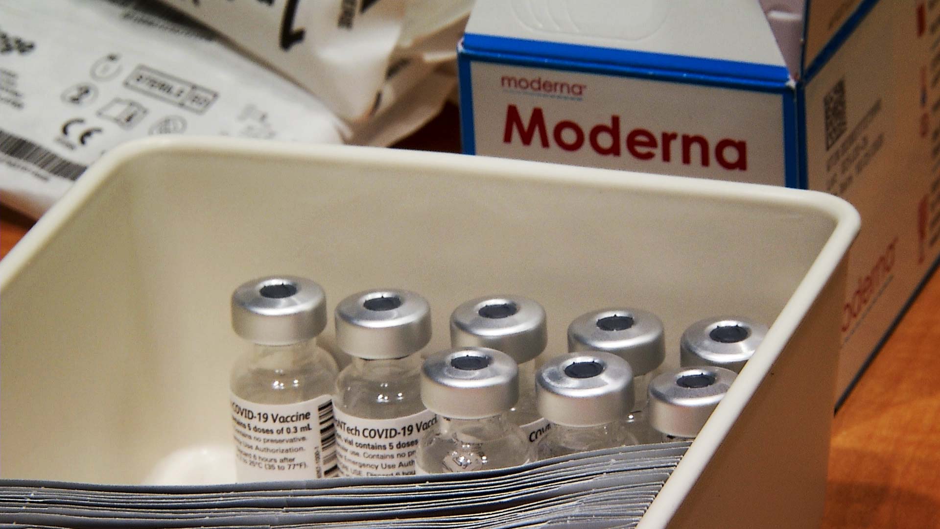 Vials of Moderna's COVID-19 vaccine at a vaccination clinic in Tucson. January 2021. 