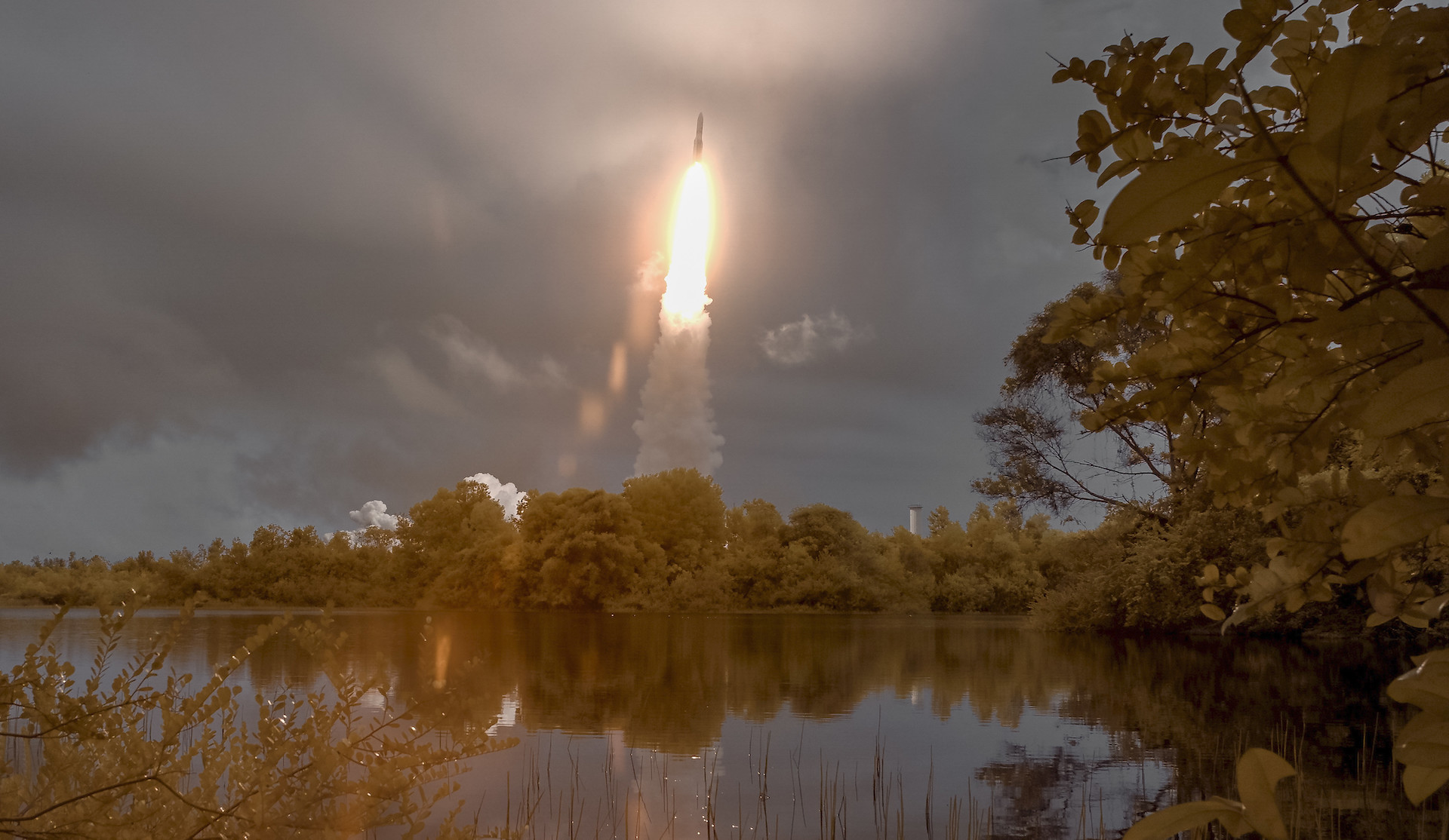 Arianespace's Ariane 5 rocket is seen in this false color infrared exposure as it launches with NASA’s James Webb Space Telescope onboard, Saturday, Dec. 25, 2021, from the ELA-3 Launch Zone of Europe’s Spaceport at the Guiana Space Centre in Kourou, French Guiana.