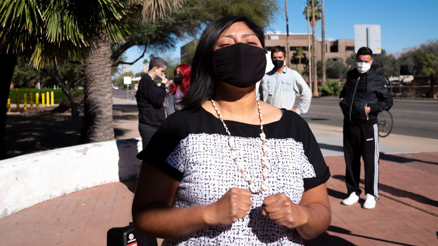 Amber Ortega celebrates her acquittal at a press conference in downtown Tucson on Jan. 21, 2022.