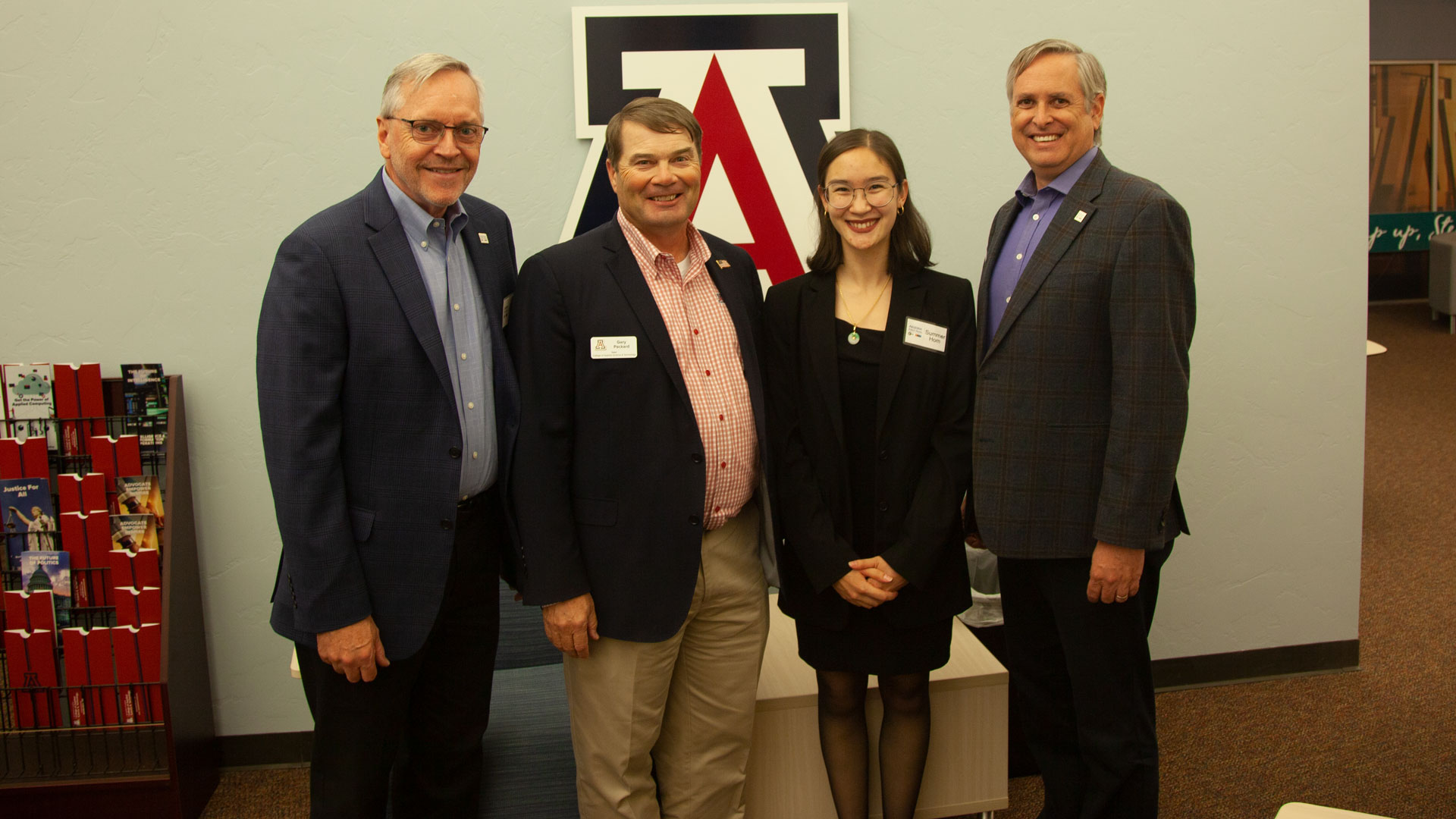 L to R: Jack Gibson, AZPM Chief Executive Officer; Gary Packard, Jr., Ph.D. Dean, College of Applied Science and Technology; Summer Hom, AZPM Cochise County Reporter; Christopher Conover, AZPM News Director at the dedication of the AZPM Cochise County News Bureau at the UA College of Applied Science and Technology in Sierra Vista.