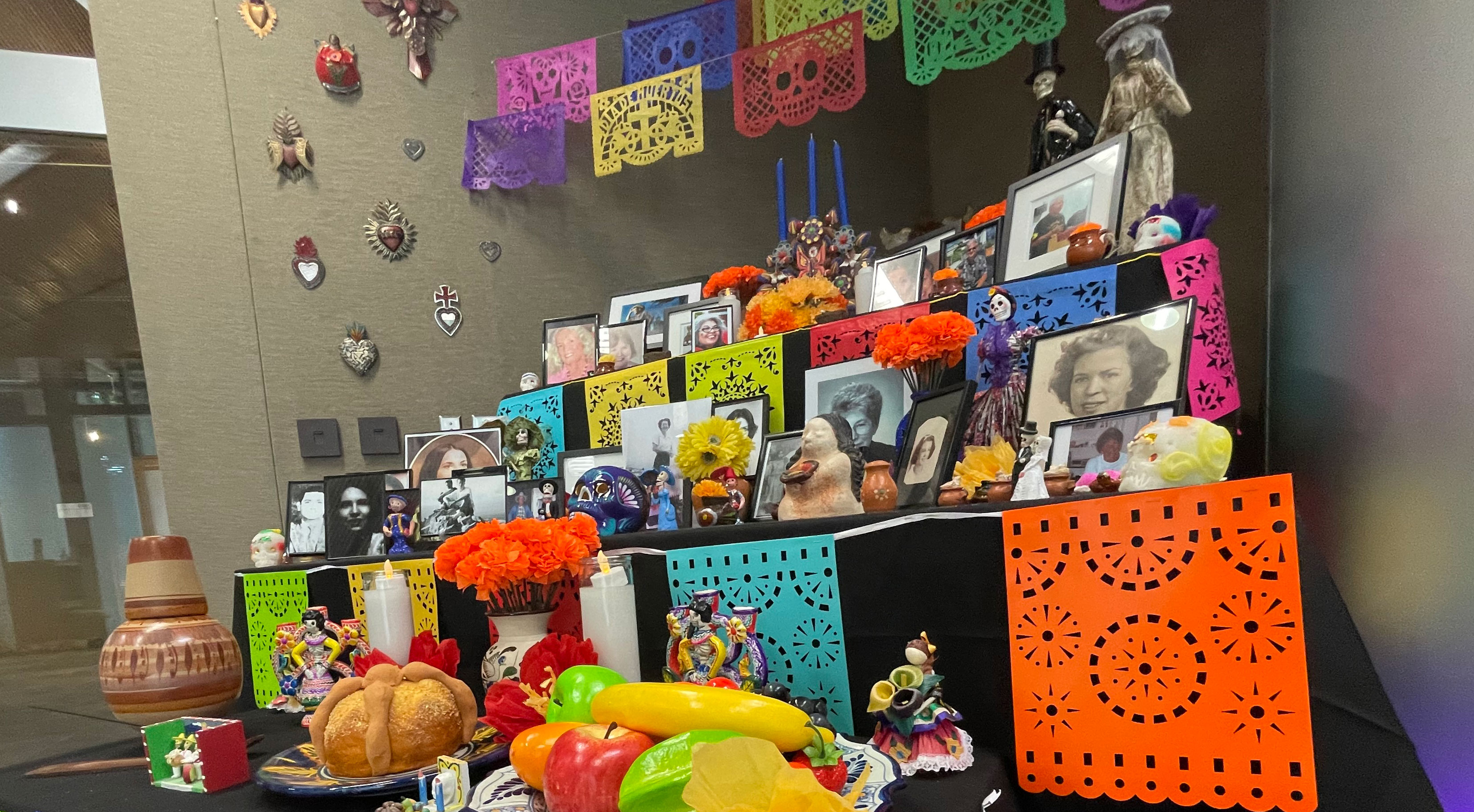Día de los Muertos is an ancient blend of Native American and European traditions that is becoming more familiar to a growing number of people internationally.  This altar is in the University of Arizona's Special Collections Library. 