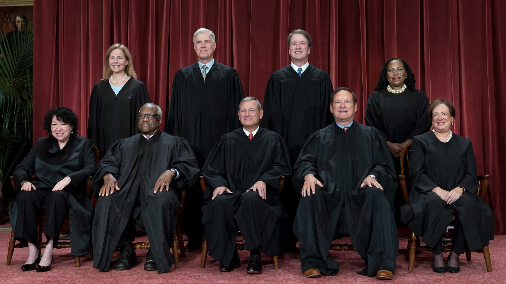 Members of the Supreme Court sit for a new group portrait following the addition of Associate Justice Ketanji Brown Jackson, at the Supreme Court building in Washington, Friday, Oct. 7, 2022. Bottom row, from left, Justice Sonia Sotomayor, Justice Clarence Thomas, Chief Justice of the United States John Roberts, Justice Samuel Alito, and Justice Elena Kagan. Top row, from left, Justice Amy Coney Barrett, Justice Neil Gorsuch, Justice Brett Kavanaugh, and Justice Ketanji Brown Jackson.