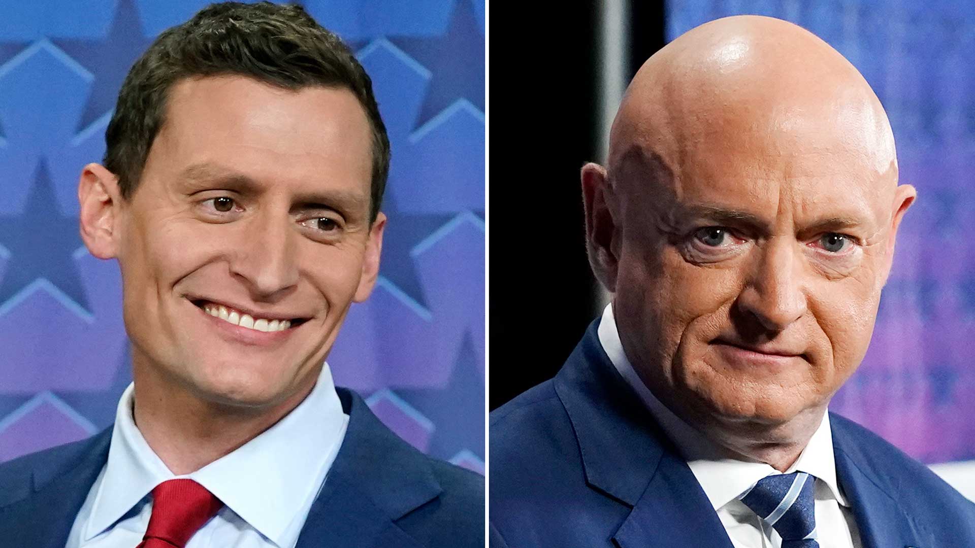 This combination of photos shows Arizona Republican Senate candidate Blake Masters, left, and Sen. Mark Kelly, D-Ariz., before a televised debate in Phoenix, Oct. 6, 2022.