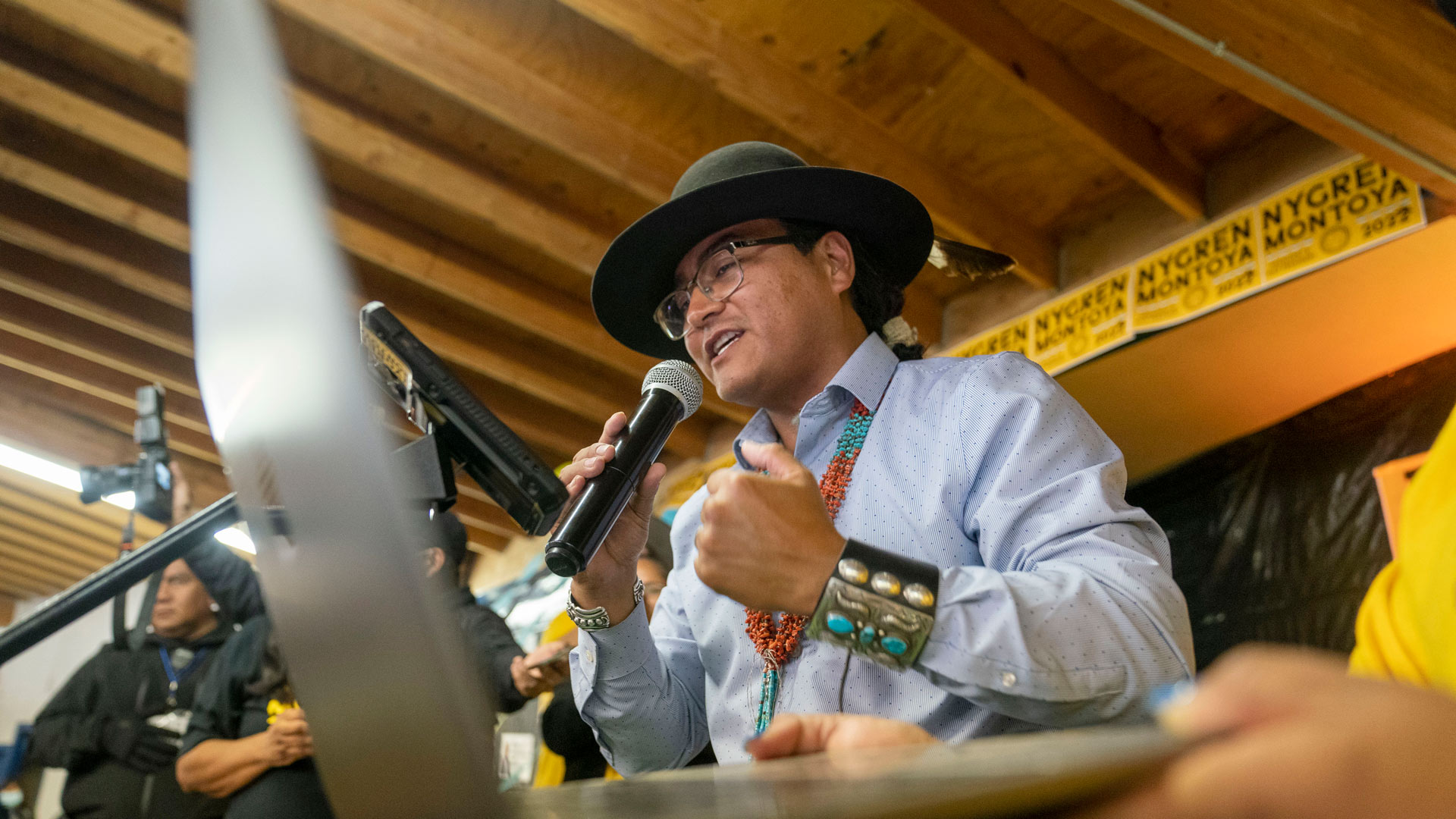 Buu Nygren announces his win for the Navajo Nation president as he reads tabulated votes from chapter houses across the reservation at his campaign's watch party at the Navajo Nation fairgrounds in Window Rock, Ariz., on Tuesday, Nov. 8, 2022.