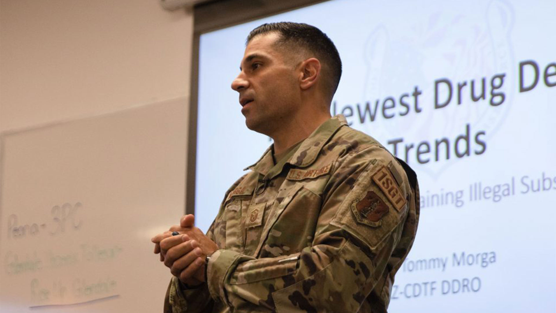 National Guard Sgt. Tommy Morga educates parents about how drugs like fentanyl are sold through social media apps such as Snapchat. Although drug dealers operate through many social media platforms, experts are most worried about Snapchat due to the app’s anonymity, disappearing messages, and lack of third-party monitoring. 