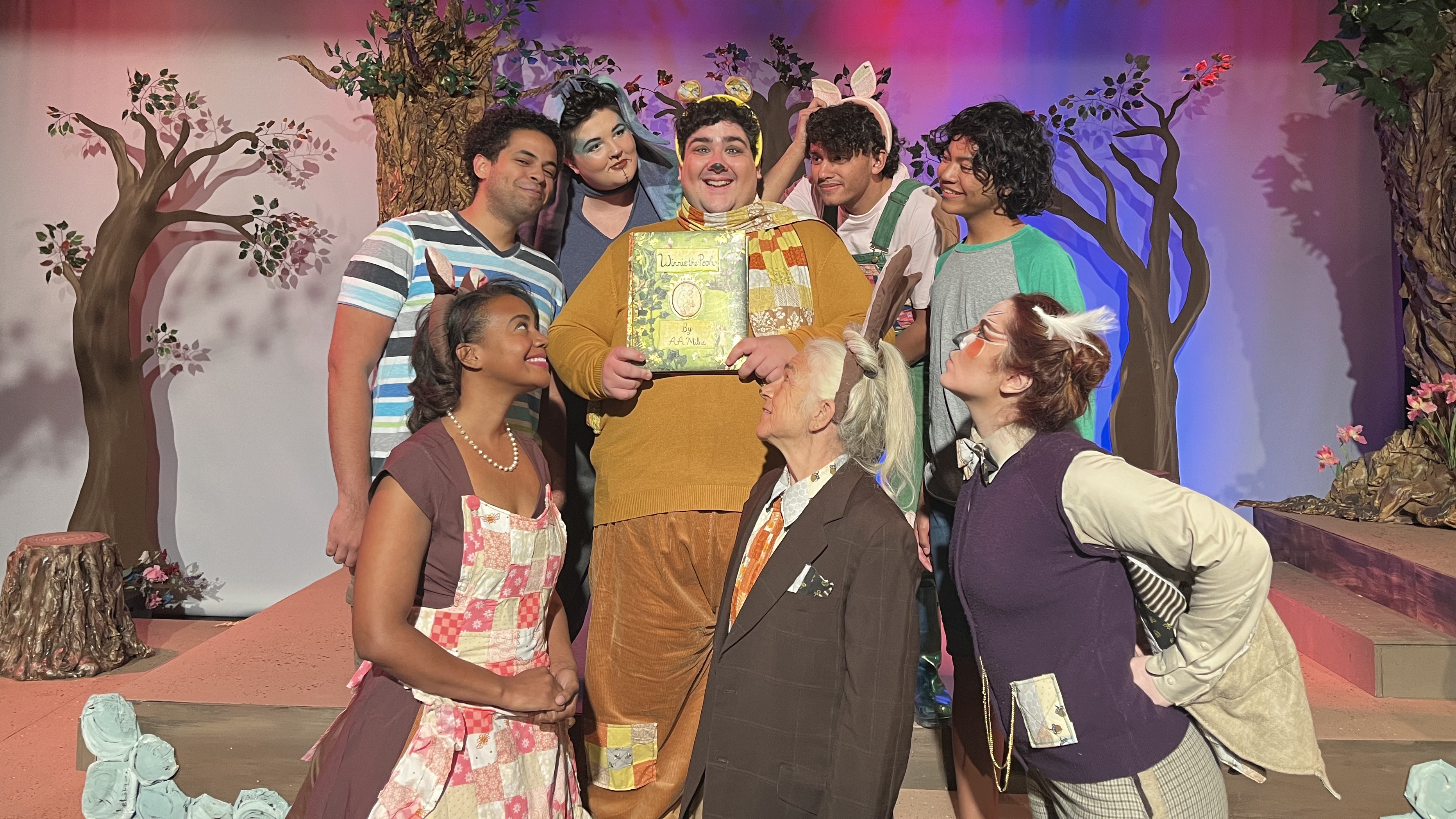 The cast of "Pooh", showing at the Scoundrel & Scamp Theatre through Dec. 11th, 2022. Top L-R : Lance Guzman, Samantha Severson, Robbie Voigt, Wesley Geary 
Middle : Tyler Gastelum 
Bottom L-R: Tanisha Ray, Carlisle Ellis, Abigail Dunscomb