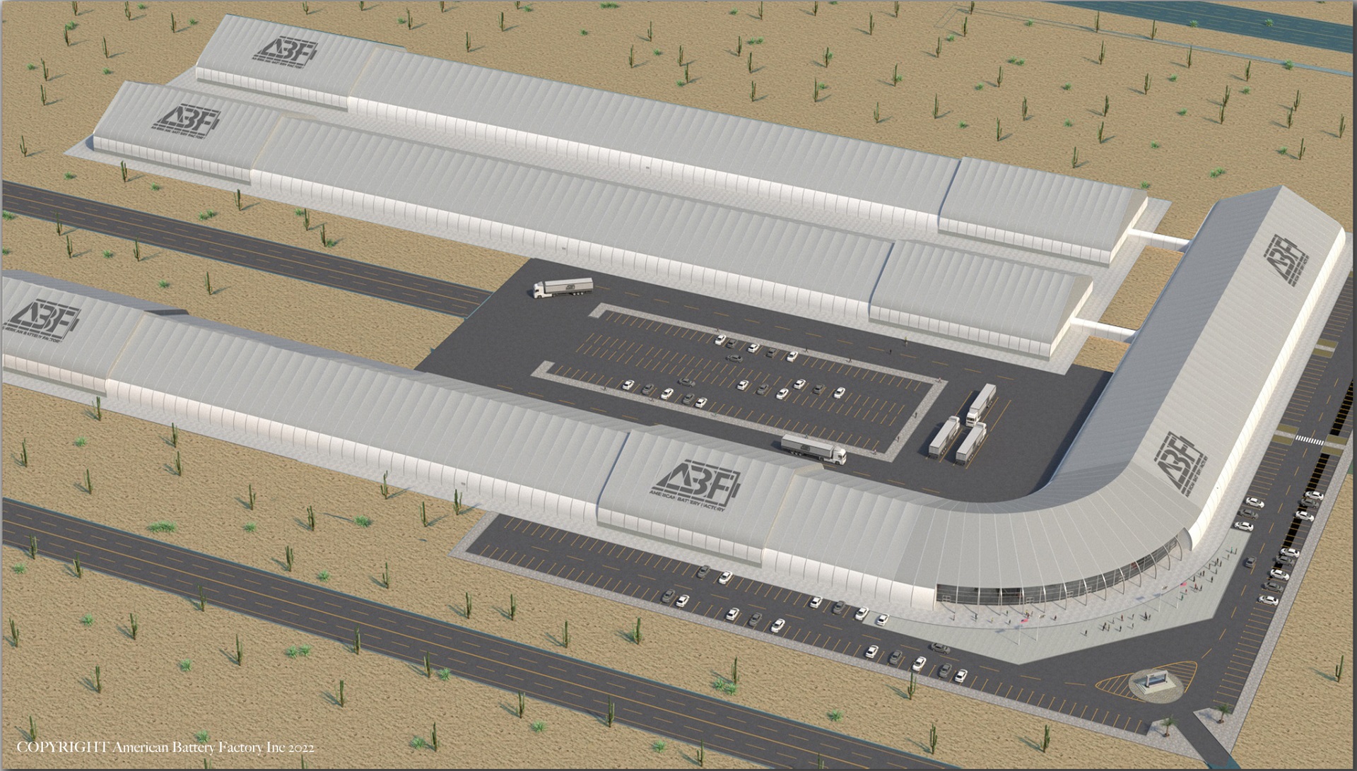 A rendering of the proposed American Battery Factory plant south of Tucson.  
