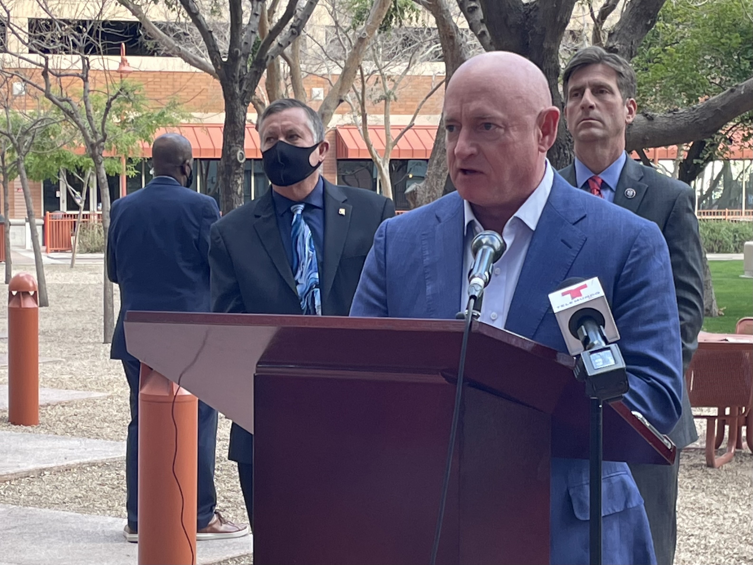 Senator Mark Kelly speaks at press conference with U.S. Secretary of the Interior Deb Haaland on Infrastructure Act funds in Phoenix on February 22, 2022. 