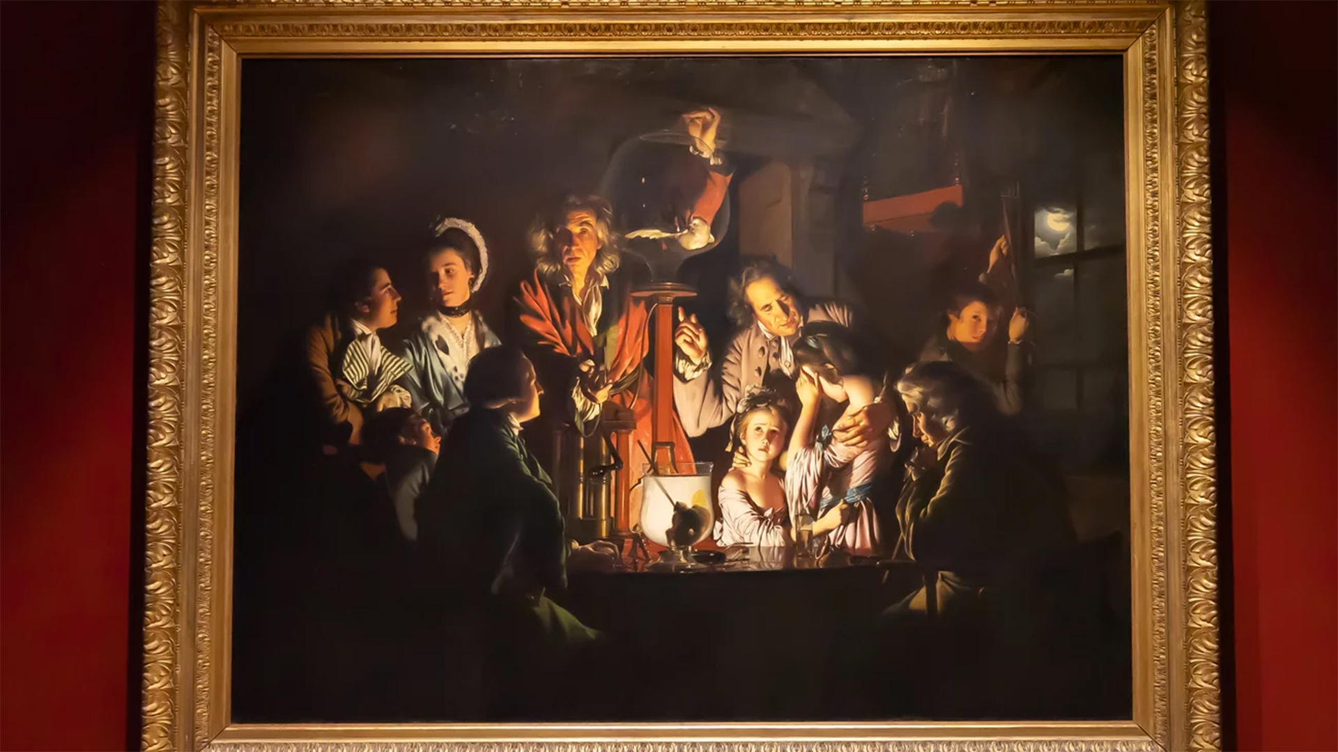 Installation view of Joseph Wright of Derby's An Experiment on a Bird in the Air Pump, in "Science and the Sublime: A Masterpiece by Joseph Wright of Derby."
