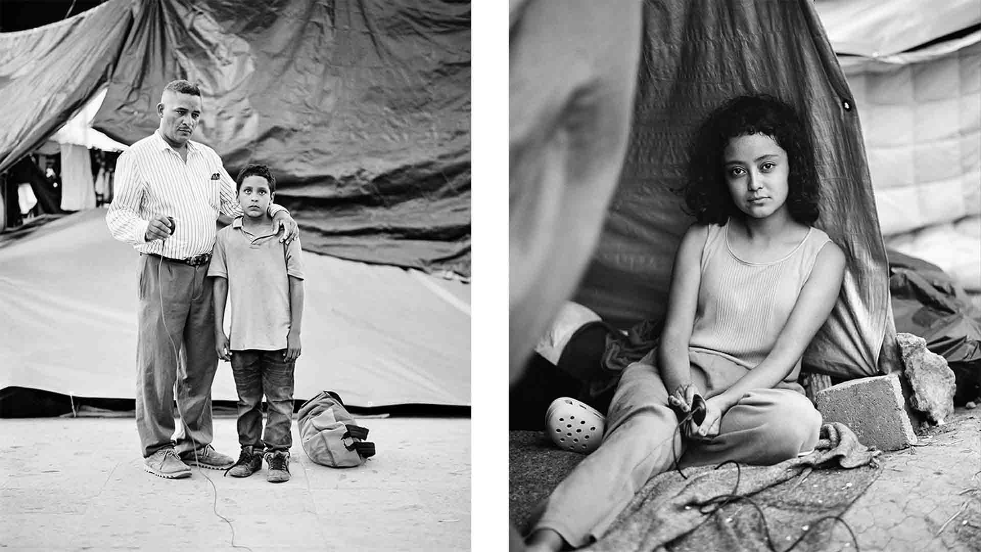 Left: Edwardo Benavides and his son Jonathon Benavides Reyes are migrants from La Unión, El Salvador. They took this portrait at an informal migrant camp in the border city of Reynosa, Mexico. Right: Stephanie Solano, 17, from Zacapa, Guatemala takes a portrait of herself at the camp in Reynosa.