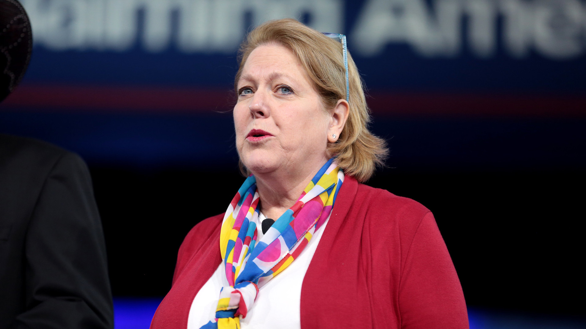 Ginni Thomas speaking at the 2017 Conservative Political Action Conference (CPAC) in National Harbor, Maryland.