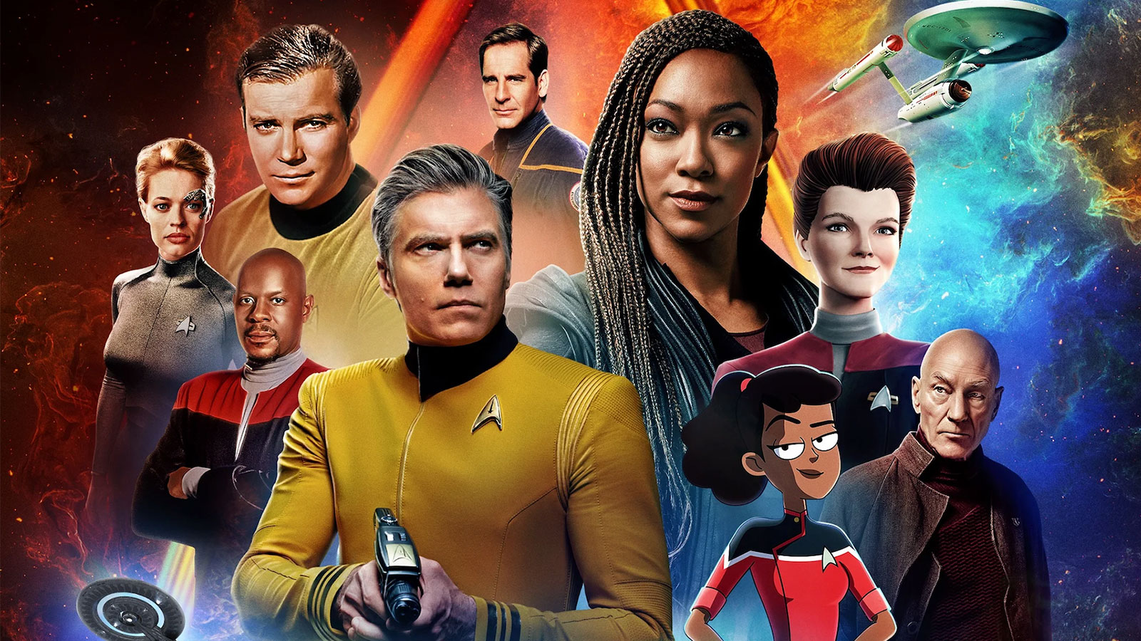 A collage of images representing 50+ years of "Star Trek" on television.