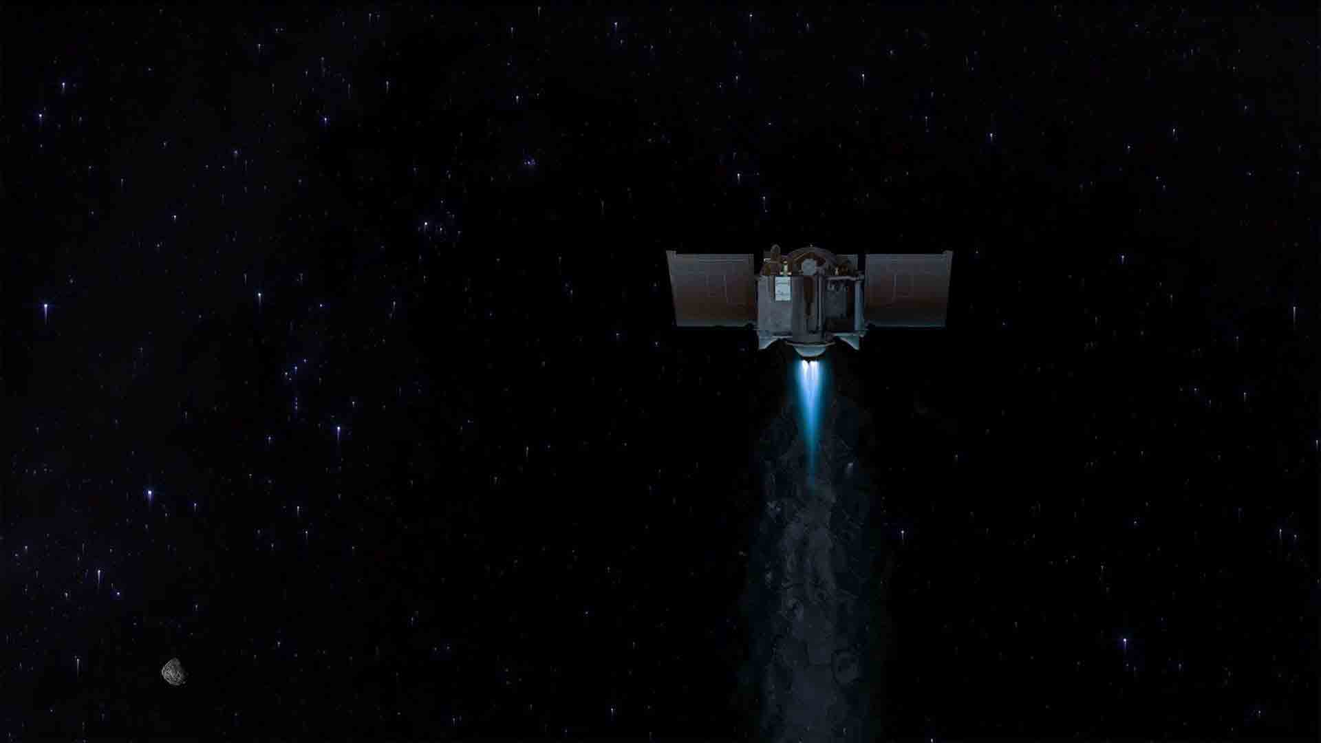 Illustration shows Osiris-REx departing asteroid Bennu.