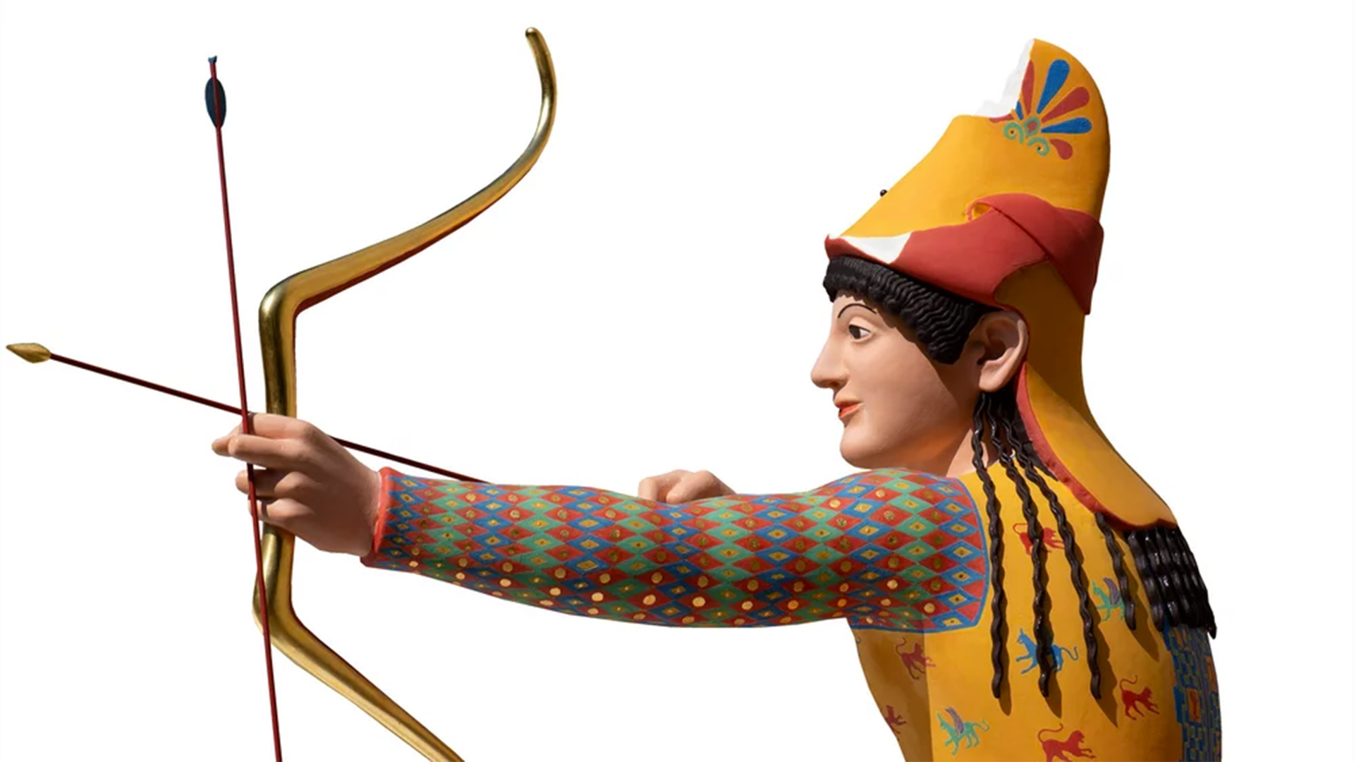 This reconstruction of a marble archer shows the vivid colors that characterized Greek sculpture, and patterns that identify him as a fighter from Persia.