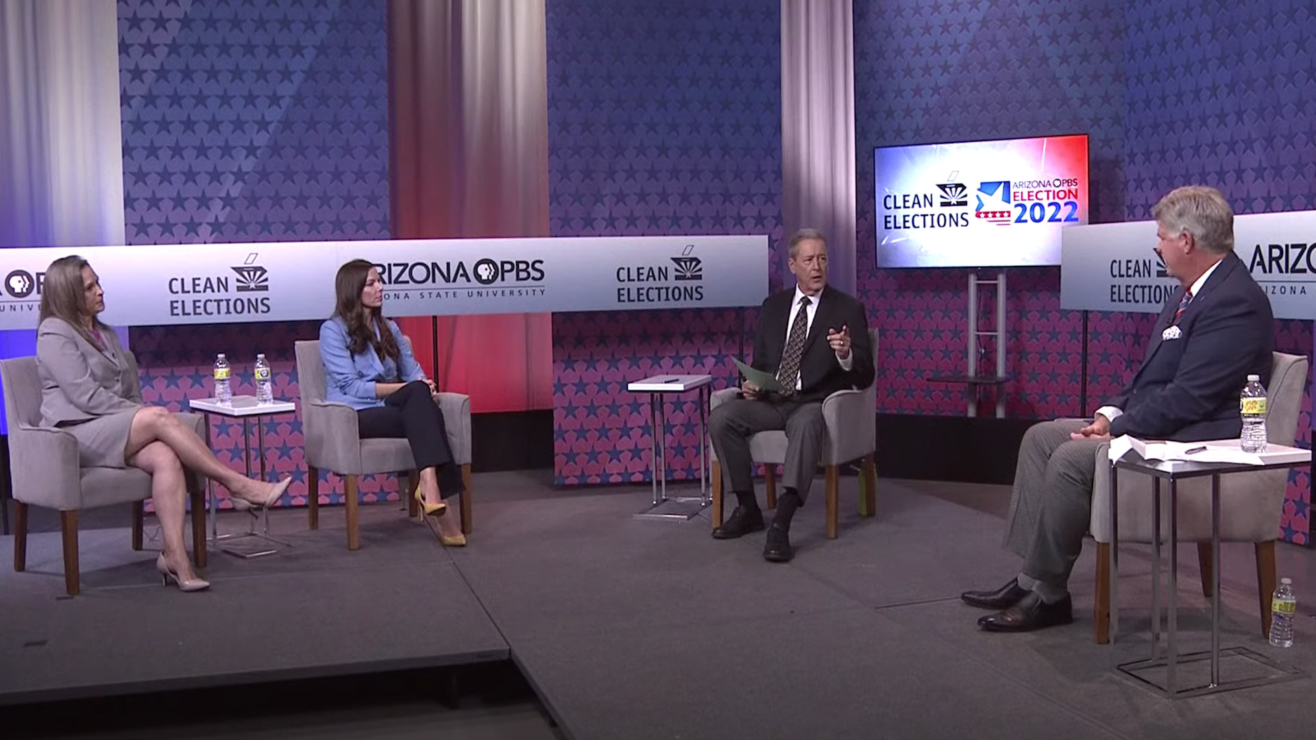State Rep. Shawnna Bolick, state Sen. Michelle Ugenti Rita, Arizona PBS host Ted Simons and Beau Lane at a June 15, 2022 candidate debate in Phoenix. State Rep. Mark Finchem, who is also seeking the Republican nomination for secretary of state, did not attend.