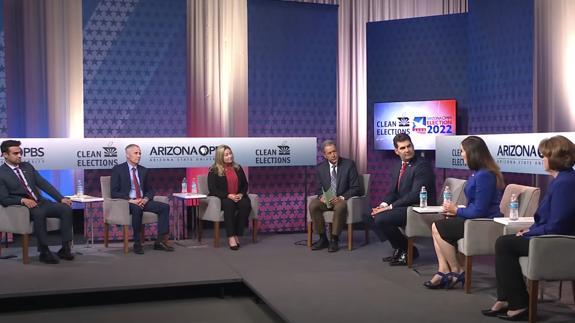 Abraham Hamadeh, Andrew Gould, Dawn Grove, Lacy Cooper, Rodney Glassman, Tiffany Shedd and Arizona PBS host Ted Simons.