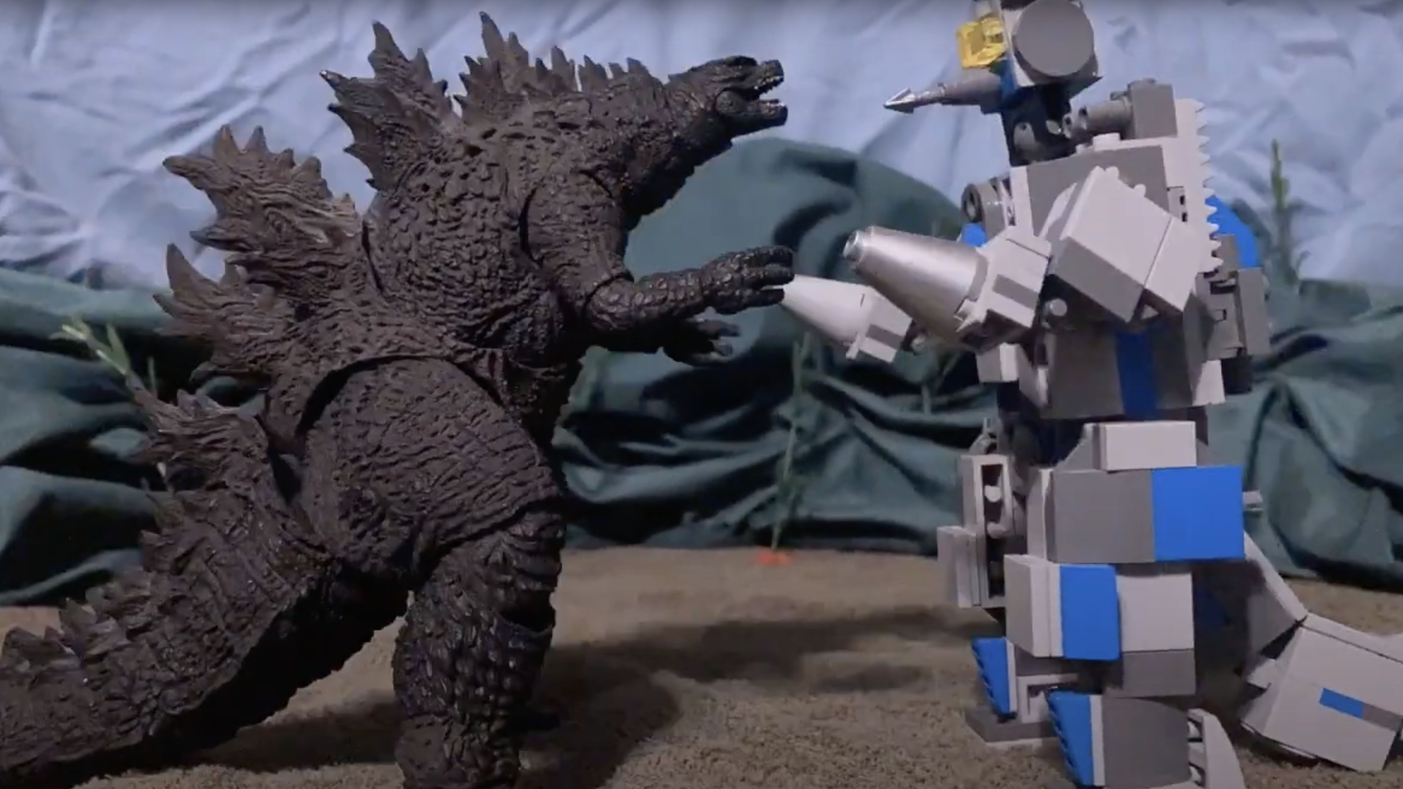 A screenshot from "Godzilla vs. Moguera" (A Short Stop motion battle), produced by Jurassic studios (aka Tobias).