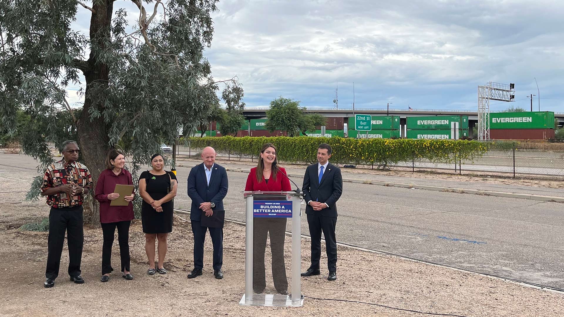 Tucson Mayor Regina Romero and Transportation Secretary Pete Buttigieg, right, discuss plans to replace the 22nd Street Bridge at a press conference August 11, 2022.