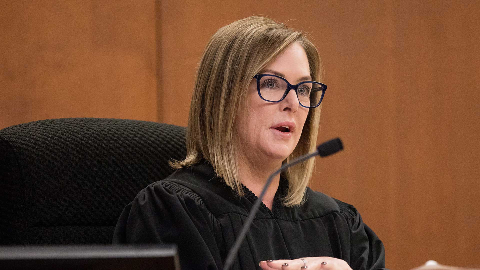 Judge Kellie Johnson listens to arguments over Arizona's abortion laws in Pima County Superior Court.